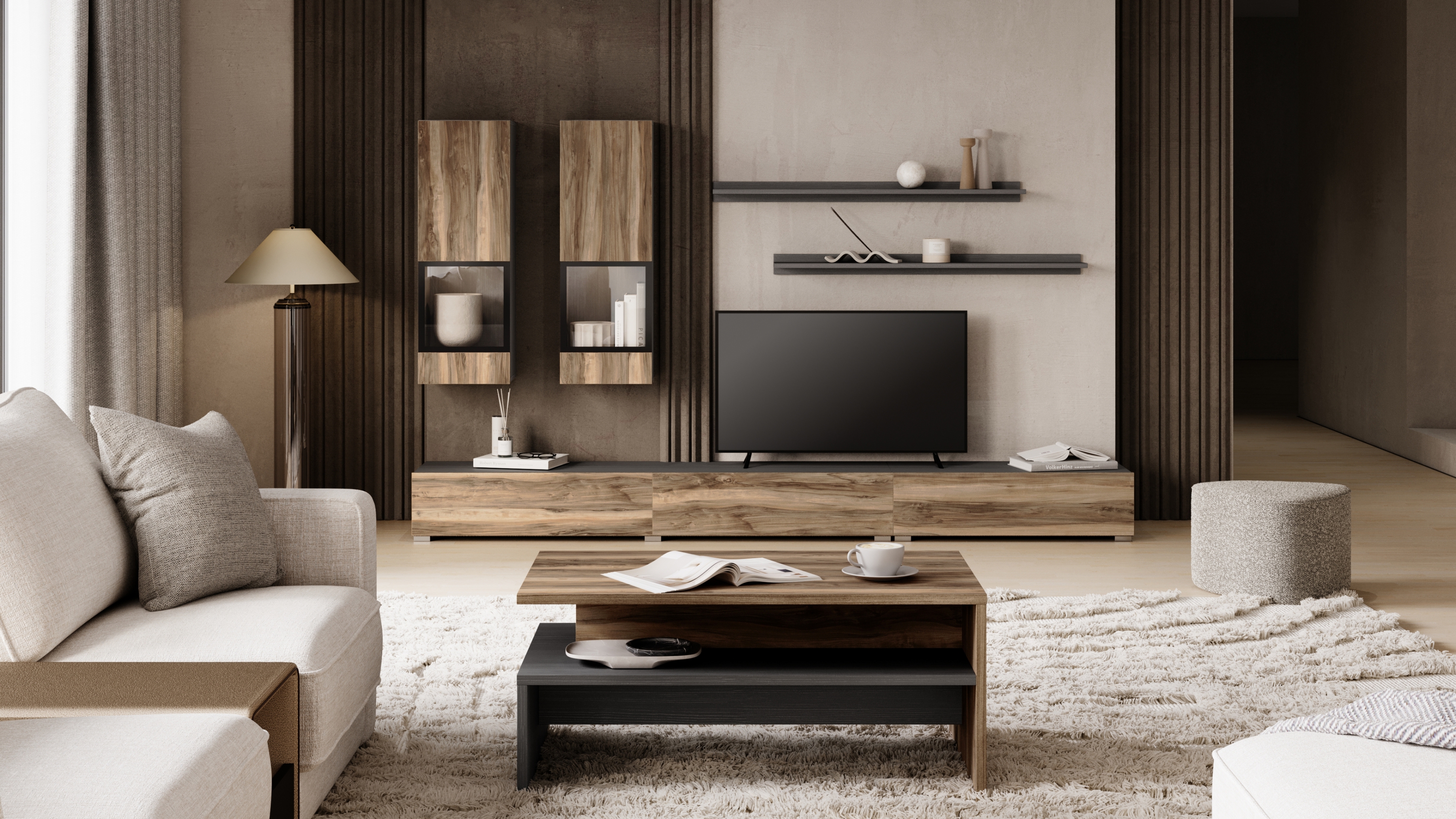 Obývací stěna Baros 270 cm - touchwood / ořech satin Obývací stěna pro obývacího pokoje Baros 10 - touchwood / ořech sattin