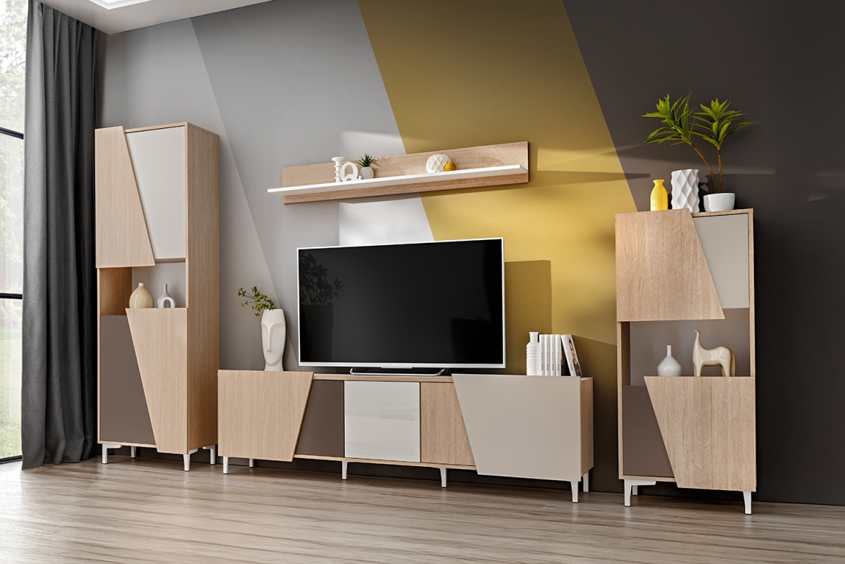 Obývací stěna Miraza - skandinávská rybina / béžová / bílá / hnědá Obývací stěna pro obývacího pokoje Miraza - jodelka skandi / béžová / bílá / hnědá