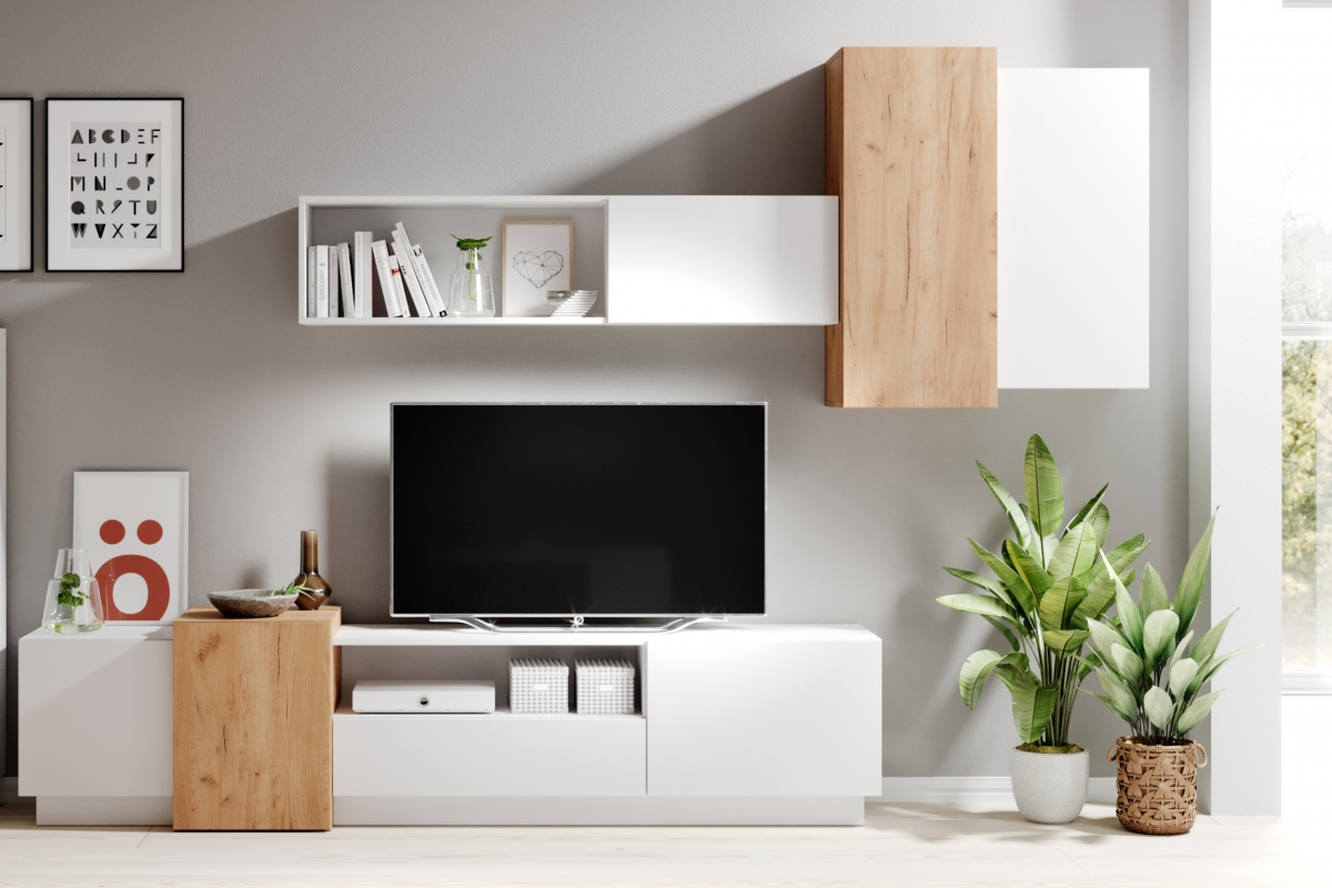 Obývací stěna Numb - bílá / dub craft Obývací stěna do obývacího pokoje Numb - Bílý/Dub craft - 4 elementy