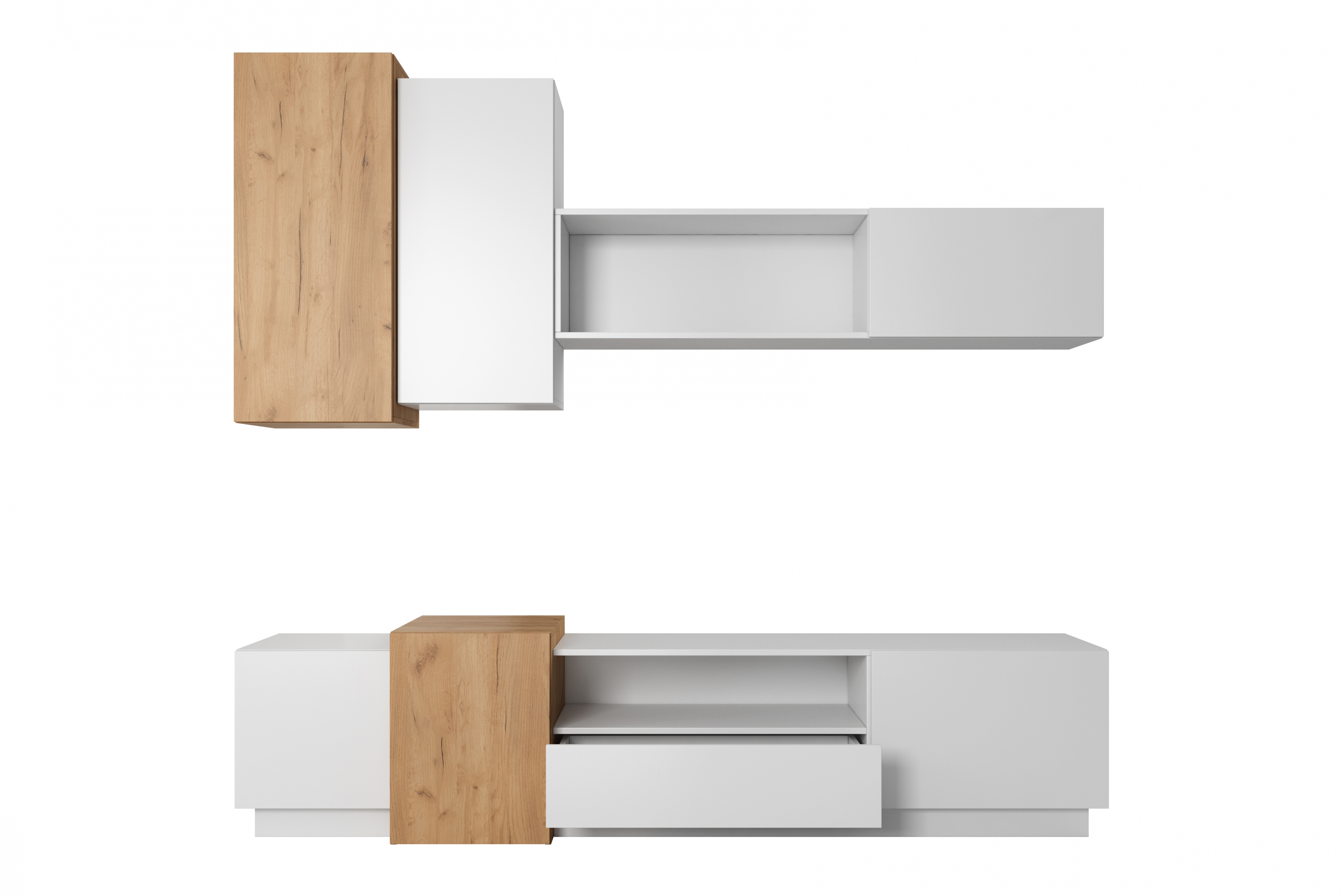 Obývací stěna Numb - bílá / dub craft Obývací stěna do obývacího pokoje Numb - Bílý/Dub craft - 4 elementy