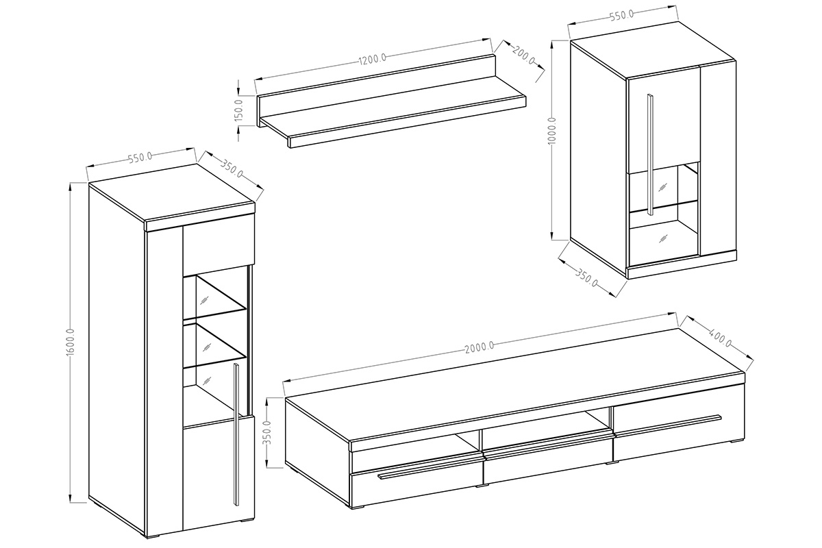 Obývacia stena Roger 10 - Orech satynowy / touchwood Obývacia stena . Roger 10 - Orech satynowy / touchwood - Rozmery