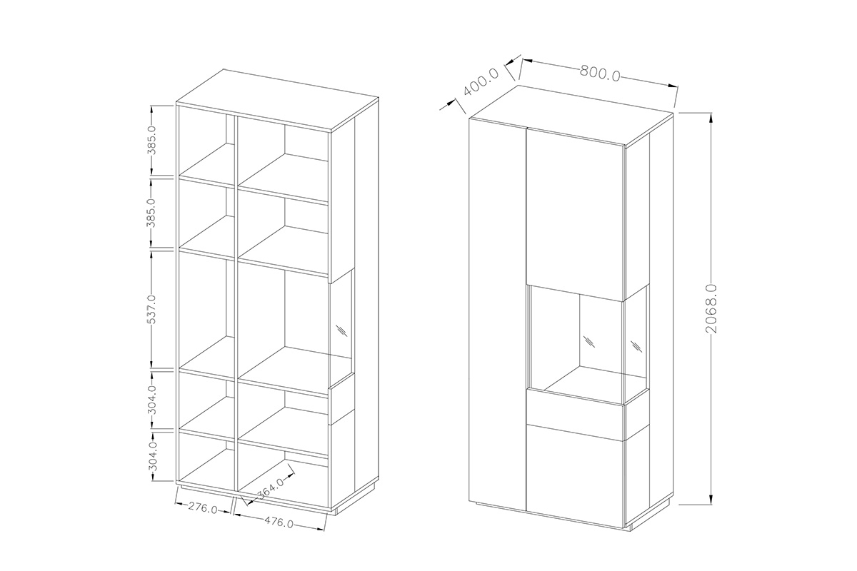 Obývací stěna Silke II - bílý lesk / dub wotan Obývací stěna Silke II - Bílý lesk / Dub wotan - Pravá vitrína Silke 13 - Rozměry