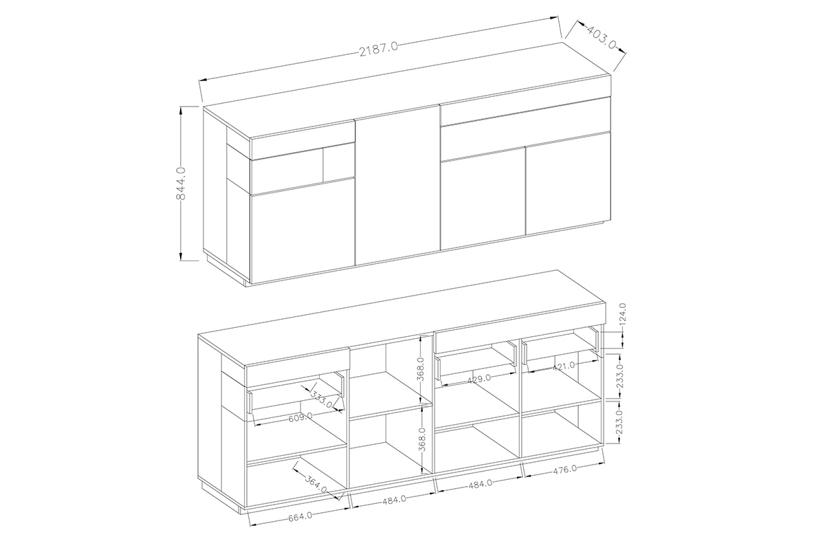 Obývací stěna Silke II - bílý lesk / dub wotan Obývací stěna Silke II - Bílý lesk / Dub wotan - Komoda Silke 25 - Rozměry
