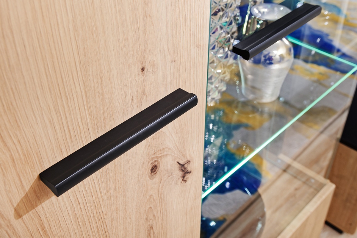 Obývací stěna Wilson - dub artisan / černý mat Vitrína prosklená