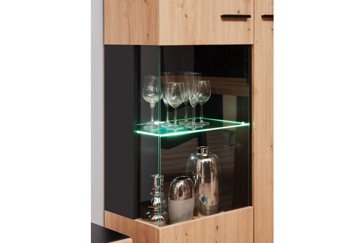 Obývací stěna Wilson - dub artisan / černý mat Vitrína s led 