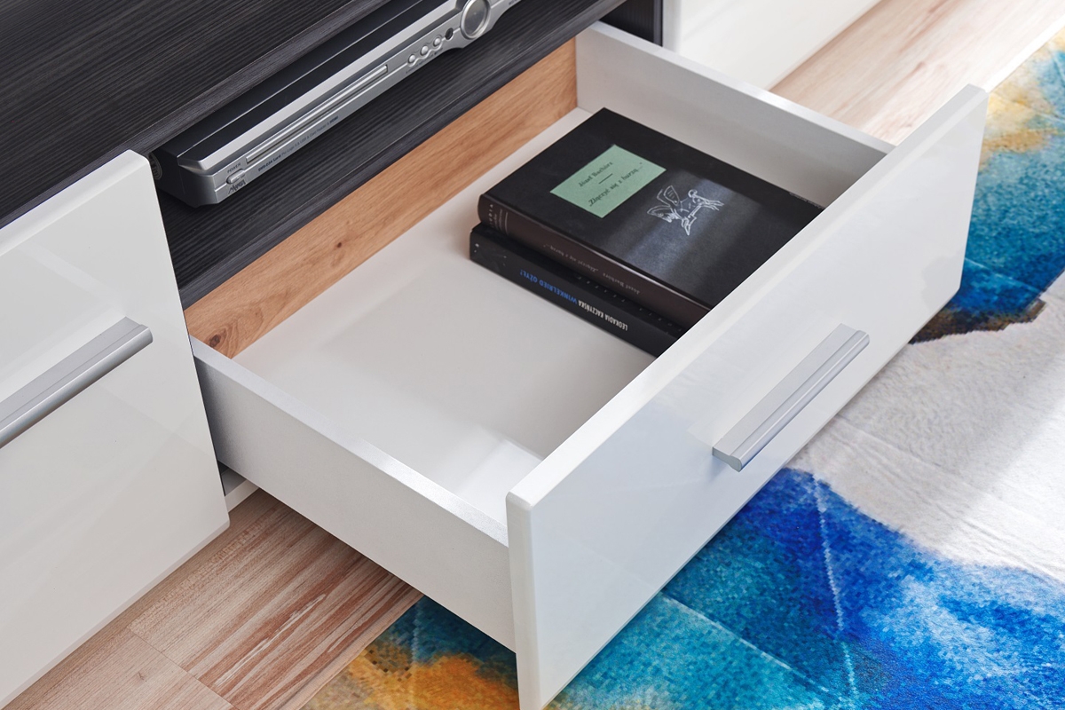 Obývací stěna Wilson - dub artisan / černý mat Bílá zásuvka