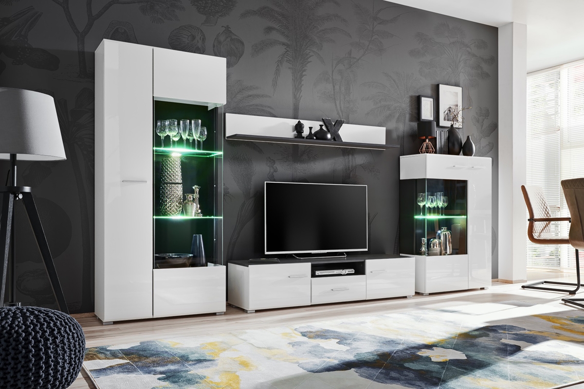 Obývacia stena Wilson - čierna nórska borovica / biely lesk Obývacia stena do obývačky