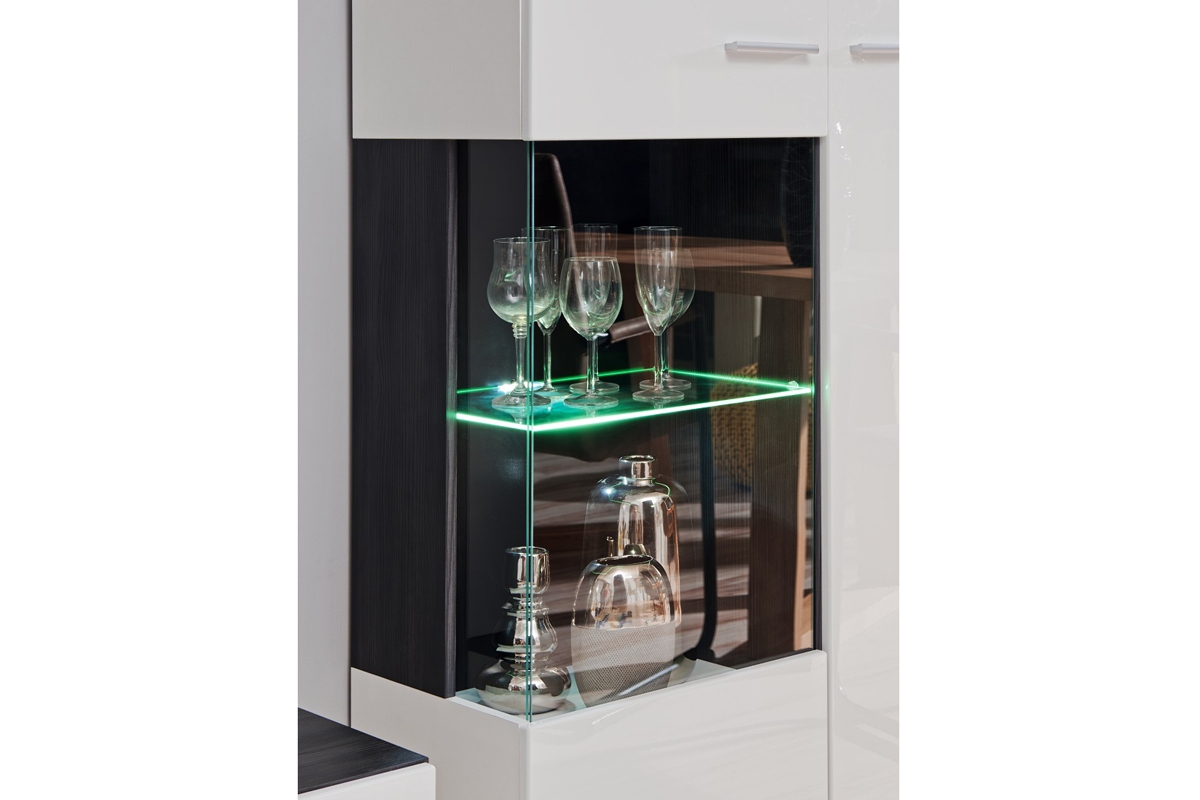 Obývacia stena Wilson - čierna nórska borovica / biely lesk Vitrína s led osvetlením