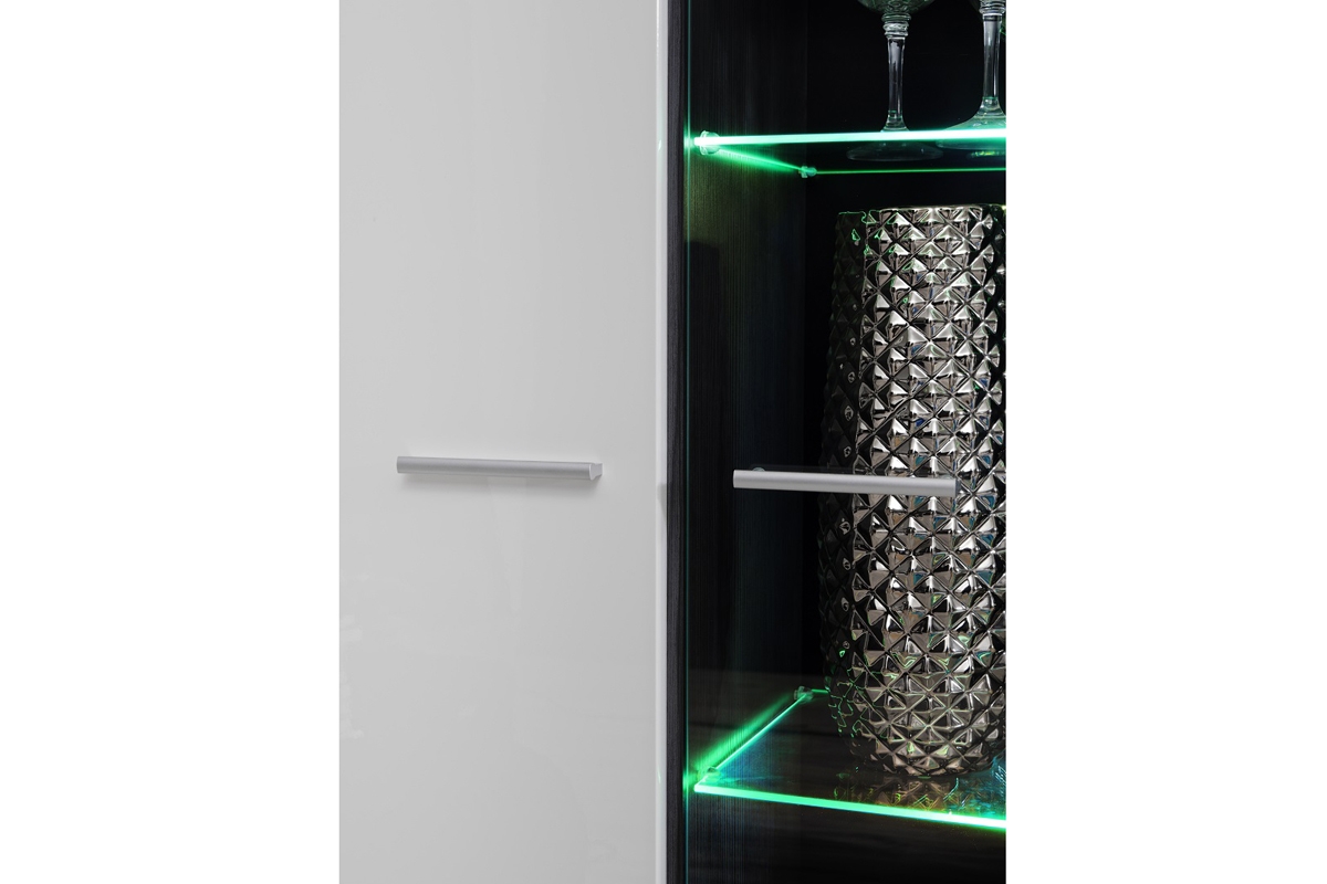 Obývacia stena Wilson - čierna nórska borovica / biely lesk Vitrína s osvetlením 