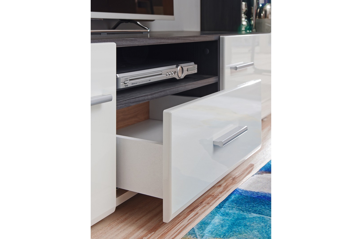 Obývacia stena Wilson - čierna nórska borovica / biely lesk Zásuvky v bielej farbe