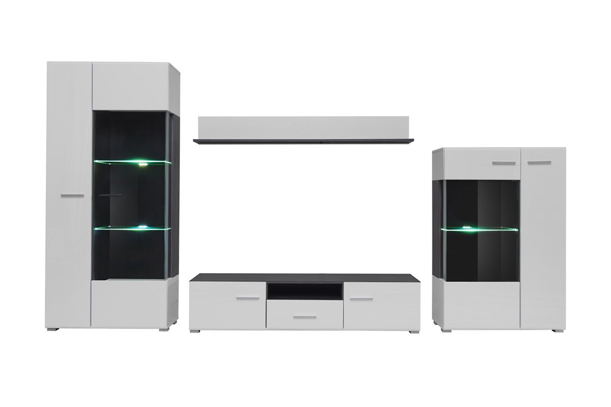 Obývacia stena Wilson - čierna nórska borovica / biely lesk Biela obývacia stena 