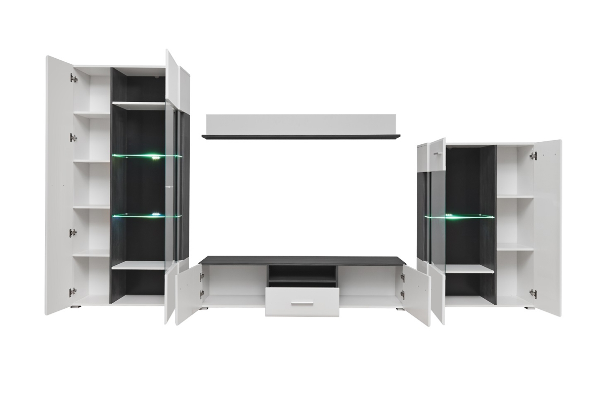 Obývacia stena Wilson - čierna nórska borovica / biely lesk Obývacia stena s policou