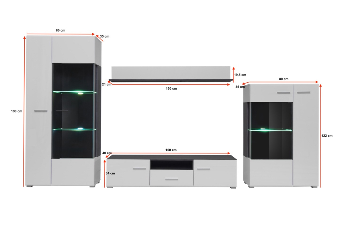 Obývacia stena Wilson - čierna nórska borovica / biely lesk Nábytok s leskom