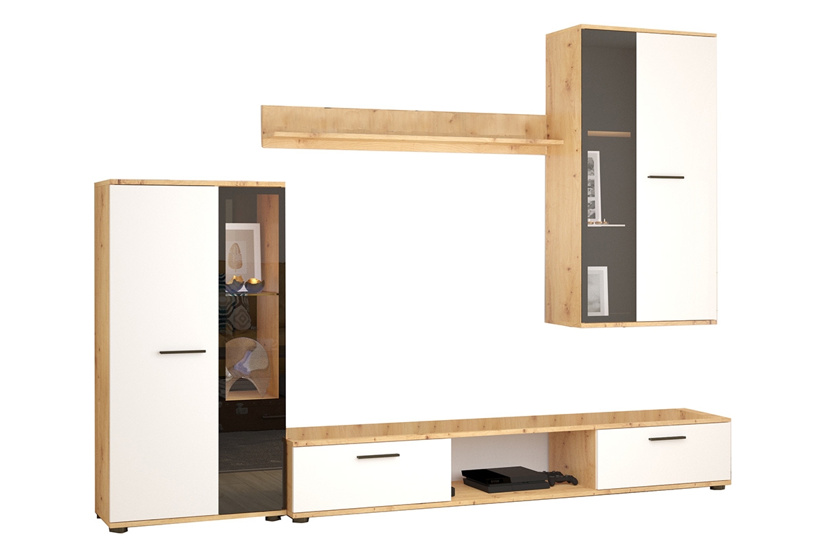 Obývací stěna Kaja - bílý mat / dub artisan Obývací stěna Bílá s vitrínami