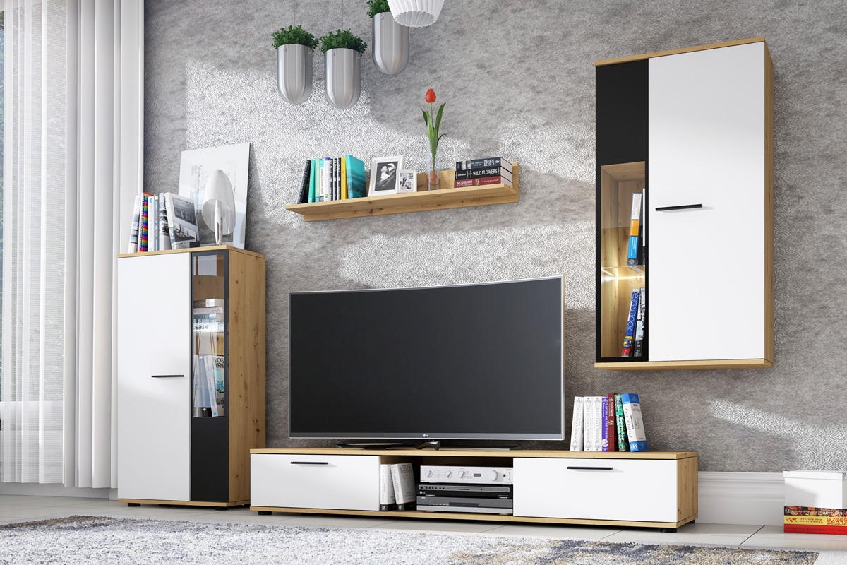 Obývací stěna Kaja - bílý mat / dub artisan Elegantní obývací stěna vybavená praktickými policemi
