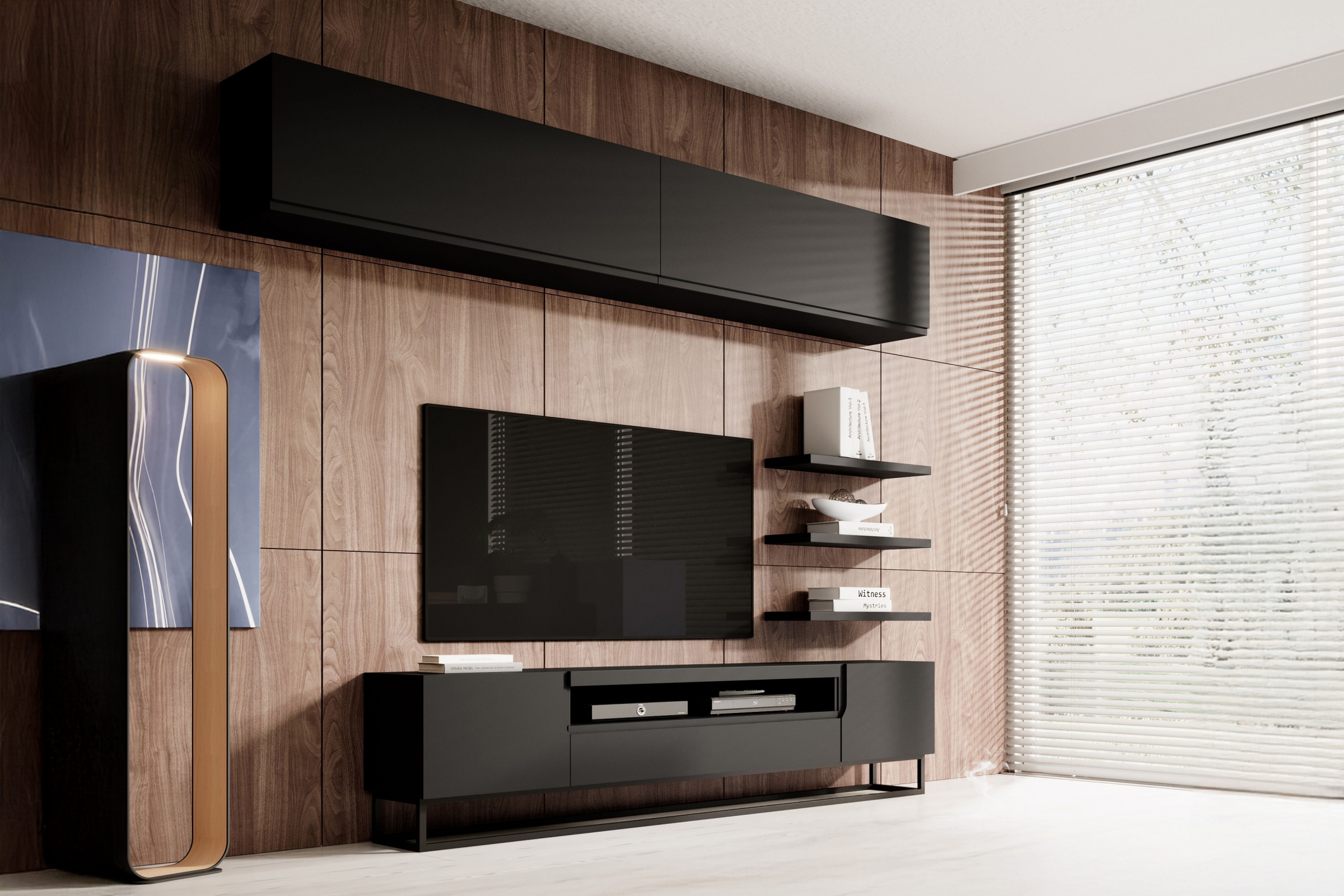 Obývací stěna Loftia III - černý mat / černá kovová konstrukce Obývací stěna Loftia III - černá mat / černá Rošt