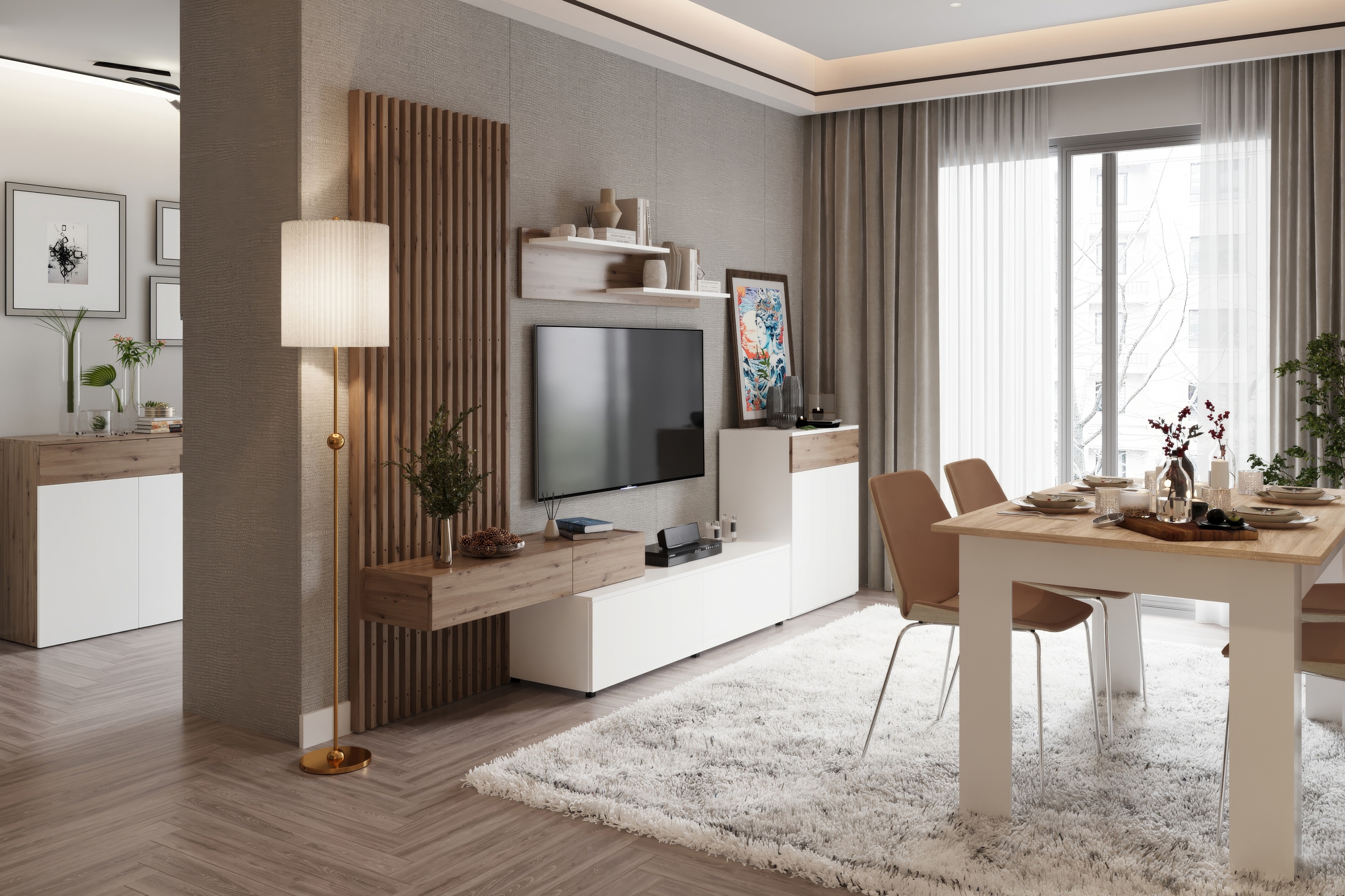 Obývacia stena Lucimo 210 cm s lamelami - biela / dub artisan Obývacia stena Lucimo 200 cm - Biely / Dub artisan