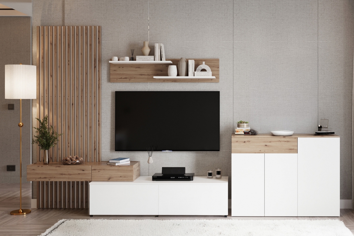 Obývacia stena Lucimo 210 cm s lamelami - biela / dub artisan Obývacia stena Lucimo 210 cm z lamelami - Biely / Dub artisan