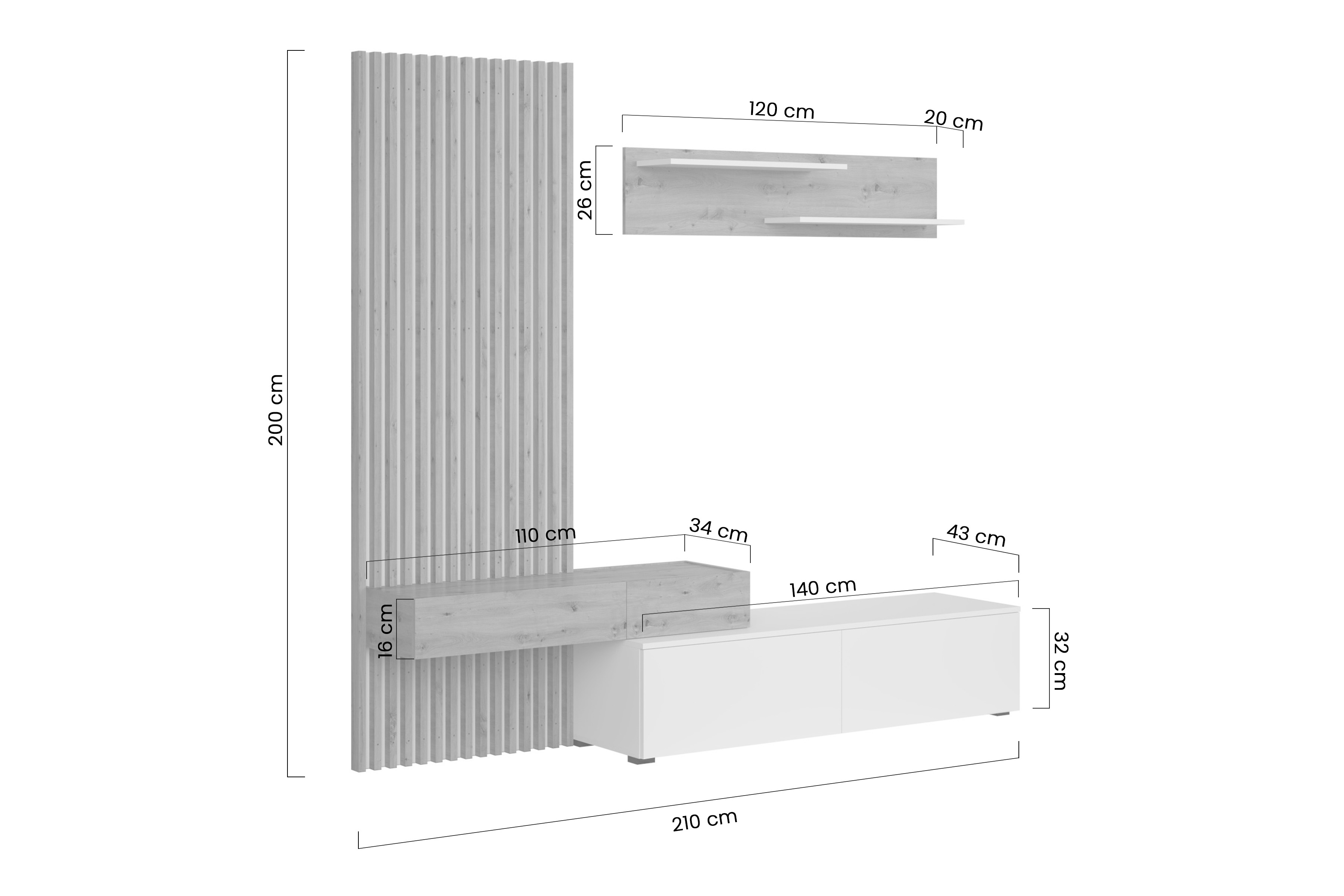 Obývacia stena Lucimo 210 cm s lamelami – čierna / dub artisan Obývacia stena Lucimo 210 cm z lamelami - Čierny / Dub artisan
