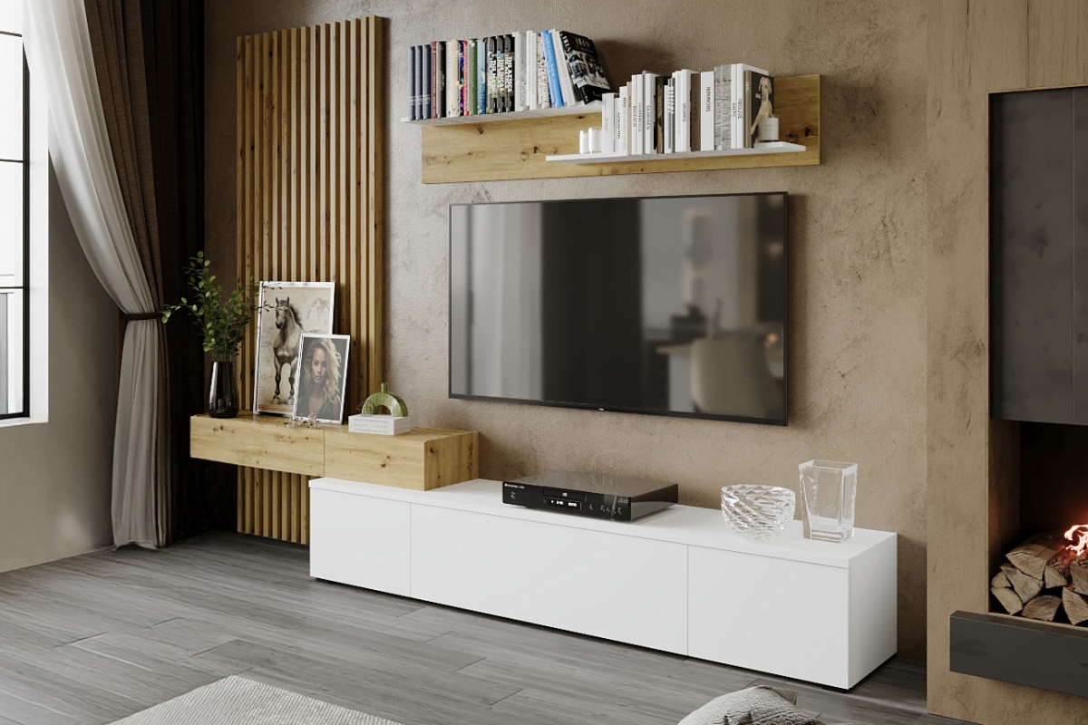 Obývacia stena Lucimo 250 cm s lamelami - biela / dub artisan Obývacia stena Lucimo 250 cm z lamelami - Biely / Dub artisan