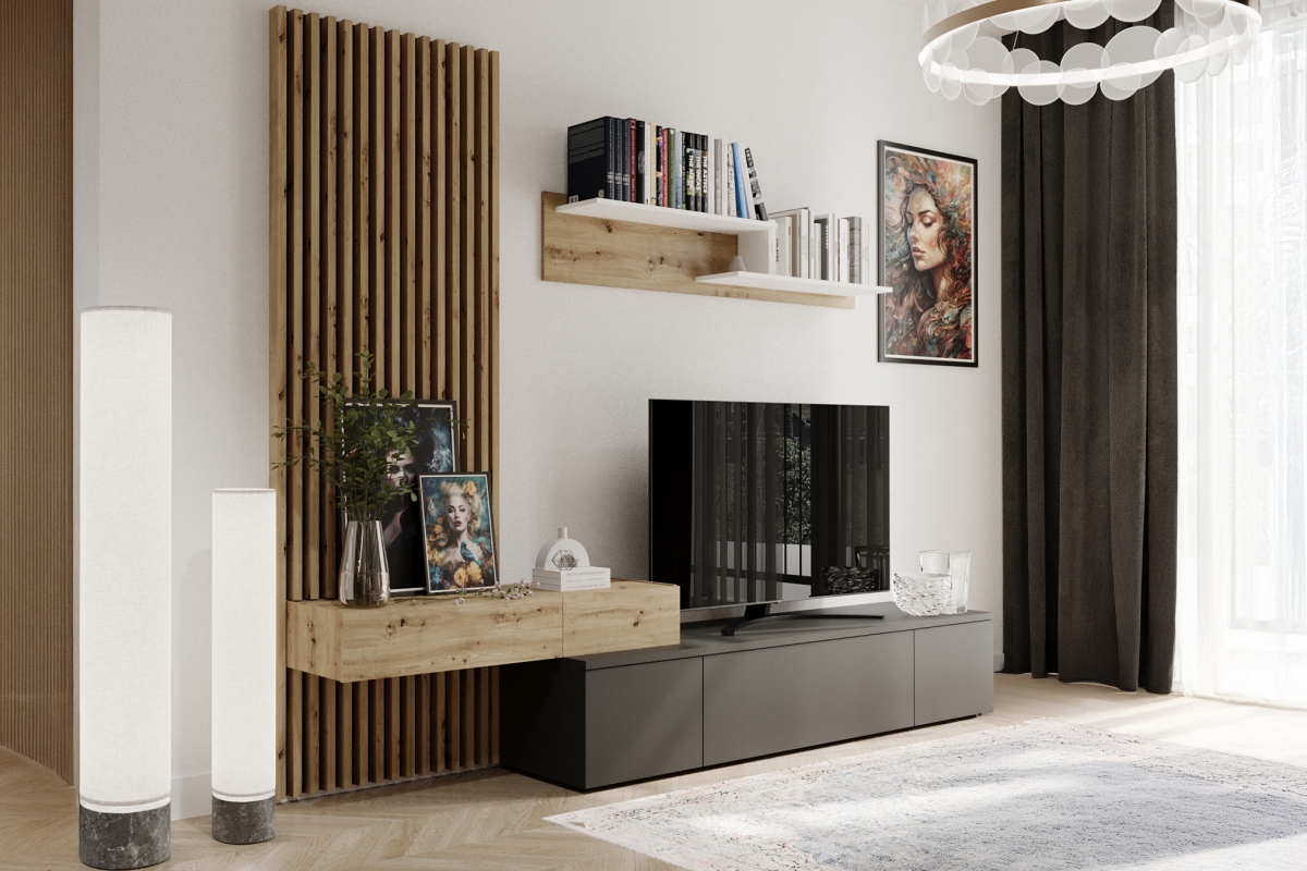 Obývacia stena Lucimo 250 cm s lamelami – čierna / dub artisan Obývacia stena Lucimo 250 cm z lamelami - Čierny / Dub artisan