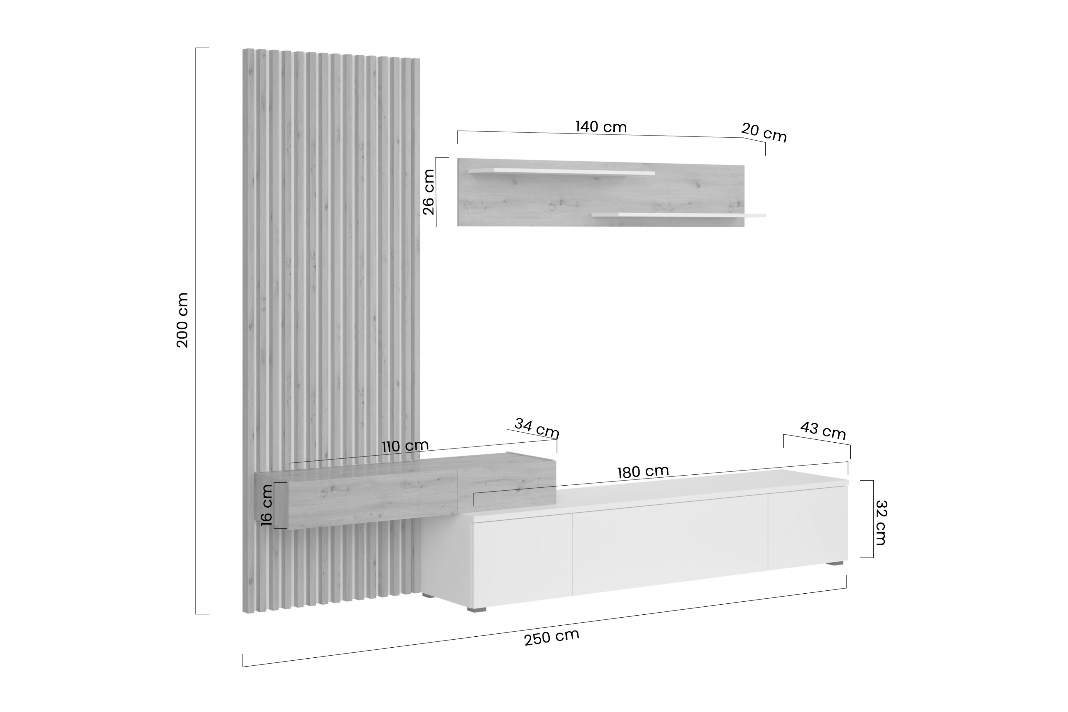 Obývacia stena Lucimo 250 cm s lamelami – čierna / dub artisan Obývacia stena Lucimo 250 cm z lamelami - Čierny / Dub artisan
