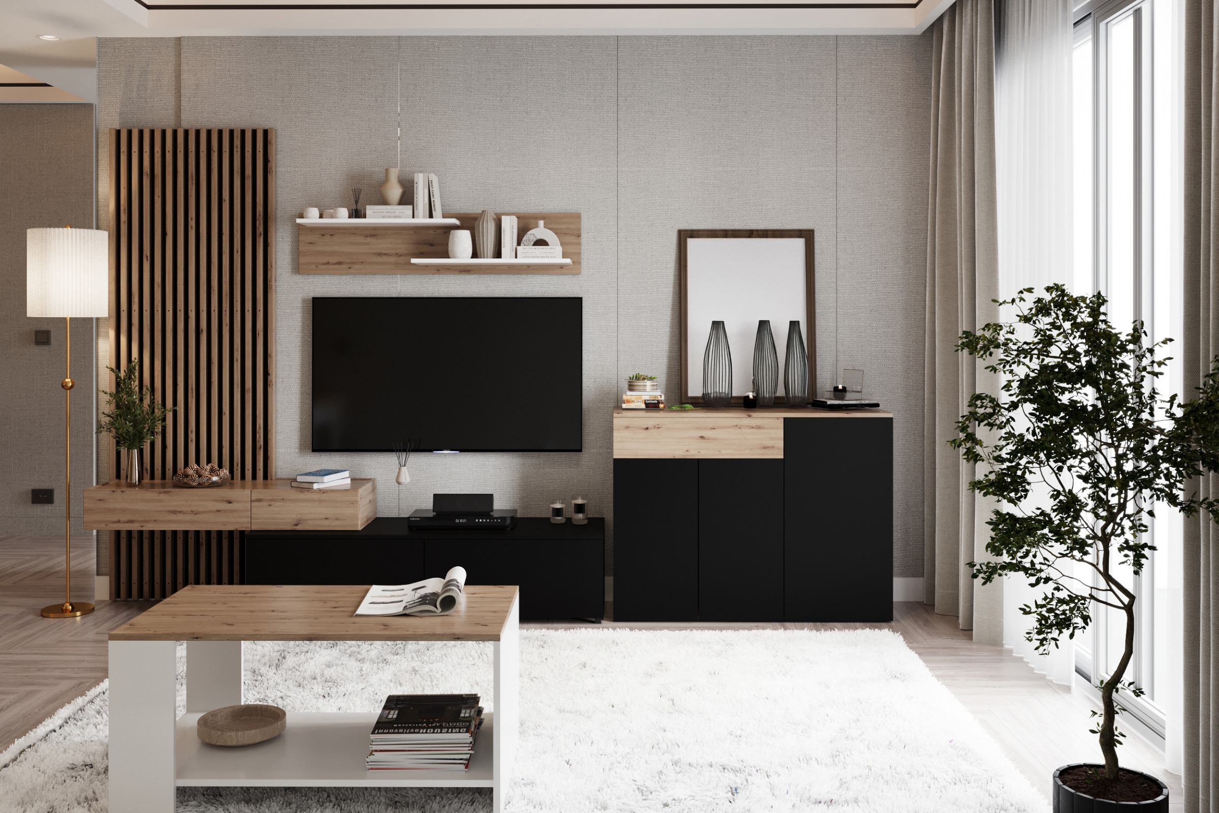 Obývacia stena Lucimo 210 cm s lamelami – čierna / dub artisan Obývacia stena z lamelami Lucimo 200 cm - Čierny / Dub artisan