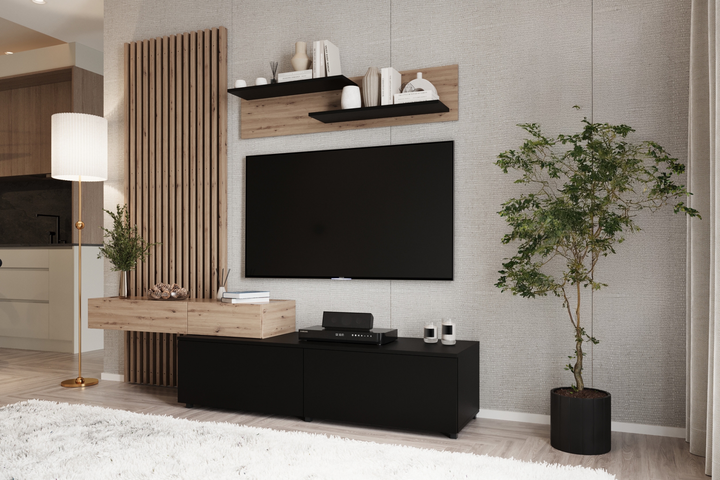 Obývacia stena Lucimo 210 cm s lamelami – čierna / dub artisan Obývacia stena z lamelami Lucimo 200 cm - Čierny / Dub artisan