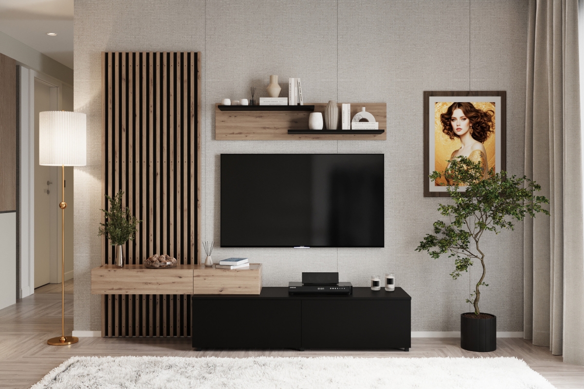Obývacia stena Lucimo 210 cm s lamelami – čierna / dub artisan Obývacia stena z lamelami Lucimo 200 cm - Čierny / Dub artisan
