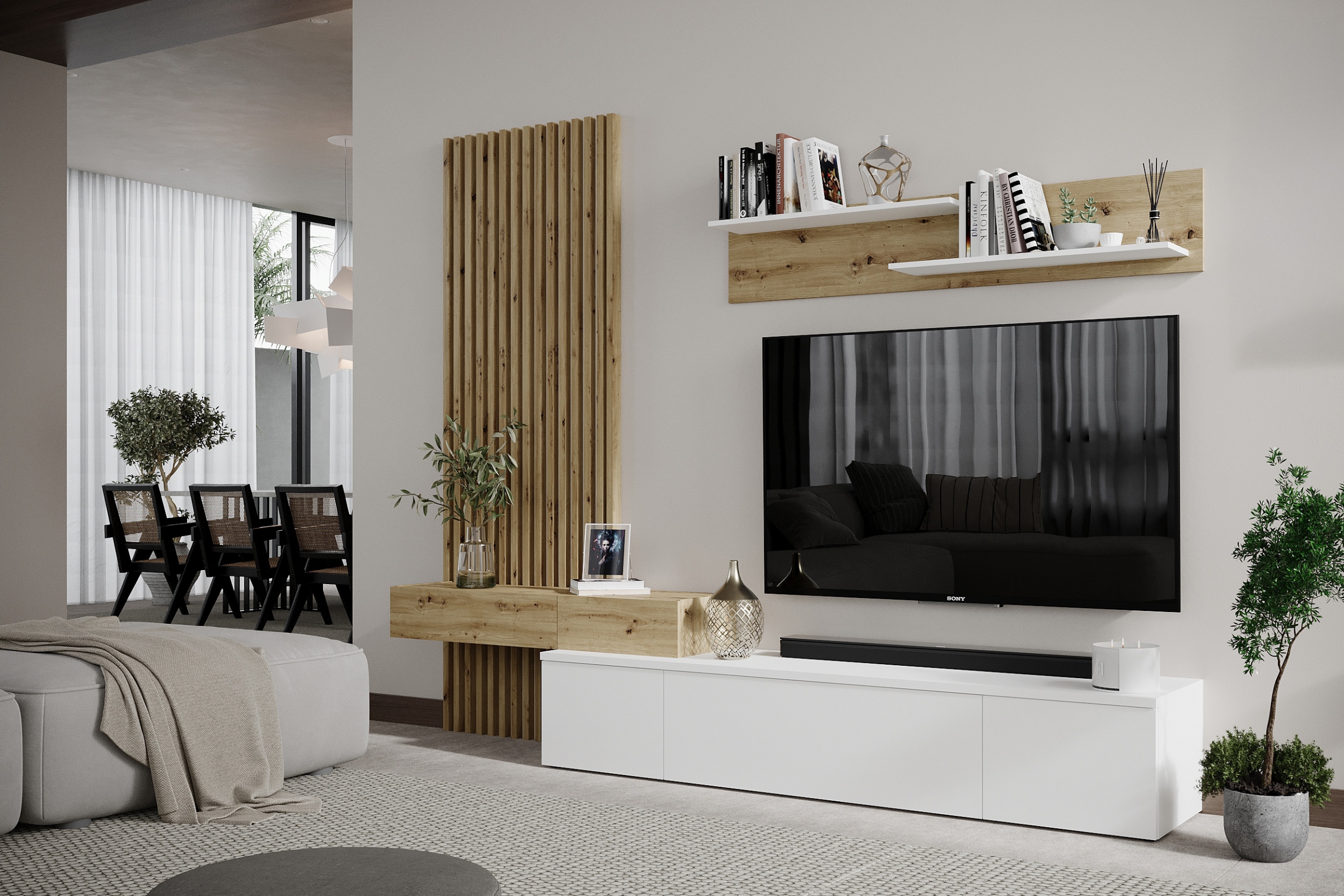 Obývacia stena Lucimo 250 cm s lamelami - biela / dub artisan Obývacia stena z lamelami Lucimo 250 cm - Biely / Dub artisan