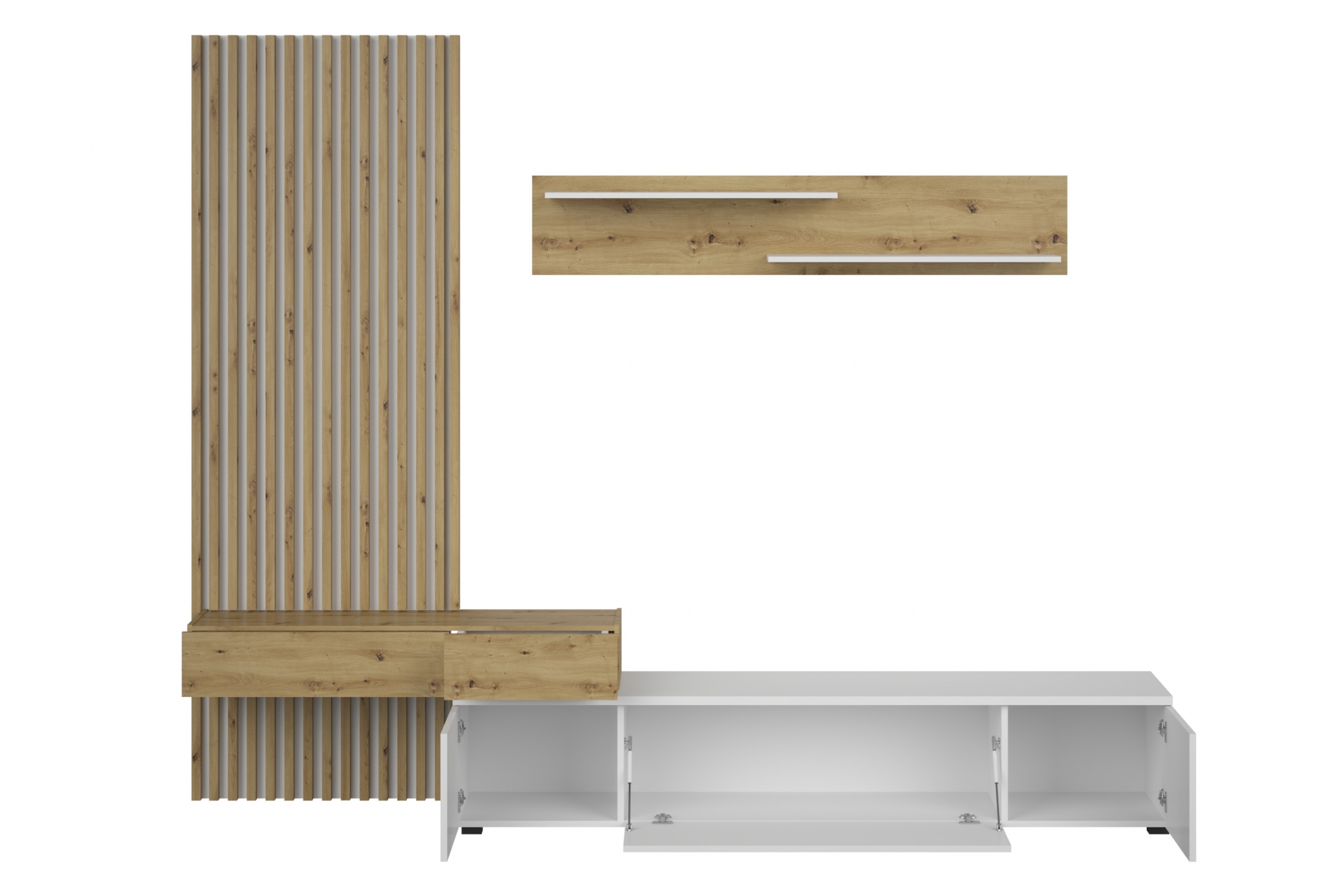 Obývacia stena Lucimo 250 cm s lamelami - biela / dub artisan Obývacia stena z lamelami Lucimo 250 cm - Biely / Dub artisan