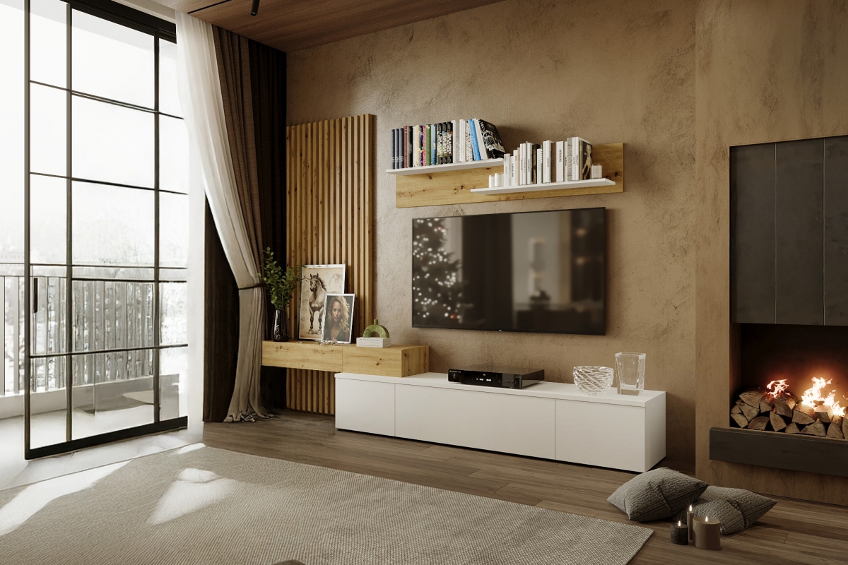 Obývacia stena Lucimo 250 cm s lamelami - biela / dub artisan Obývacia stena z lamelami Lucimo 250 cm - Biely / Dub artisan