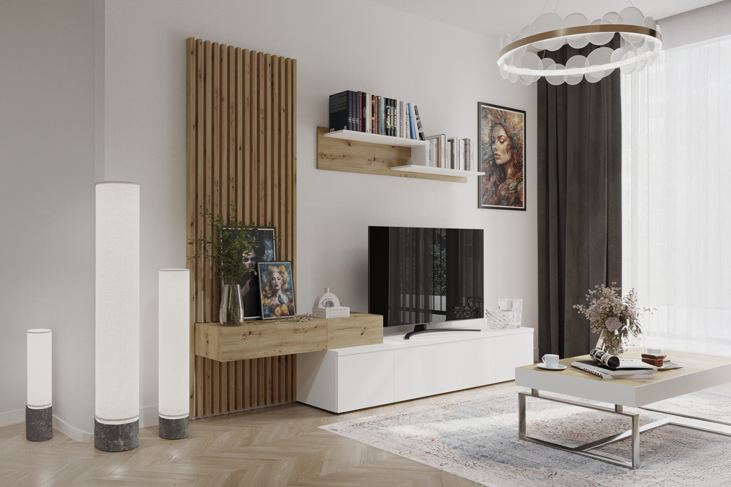 Obývacia stena Lucimo 250 cm s lamelami - biela / dub artisan Obývacia stena z lamelami Lucimo 250 cm - Biely / Dub artisan