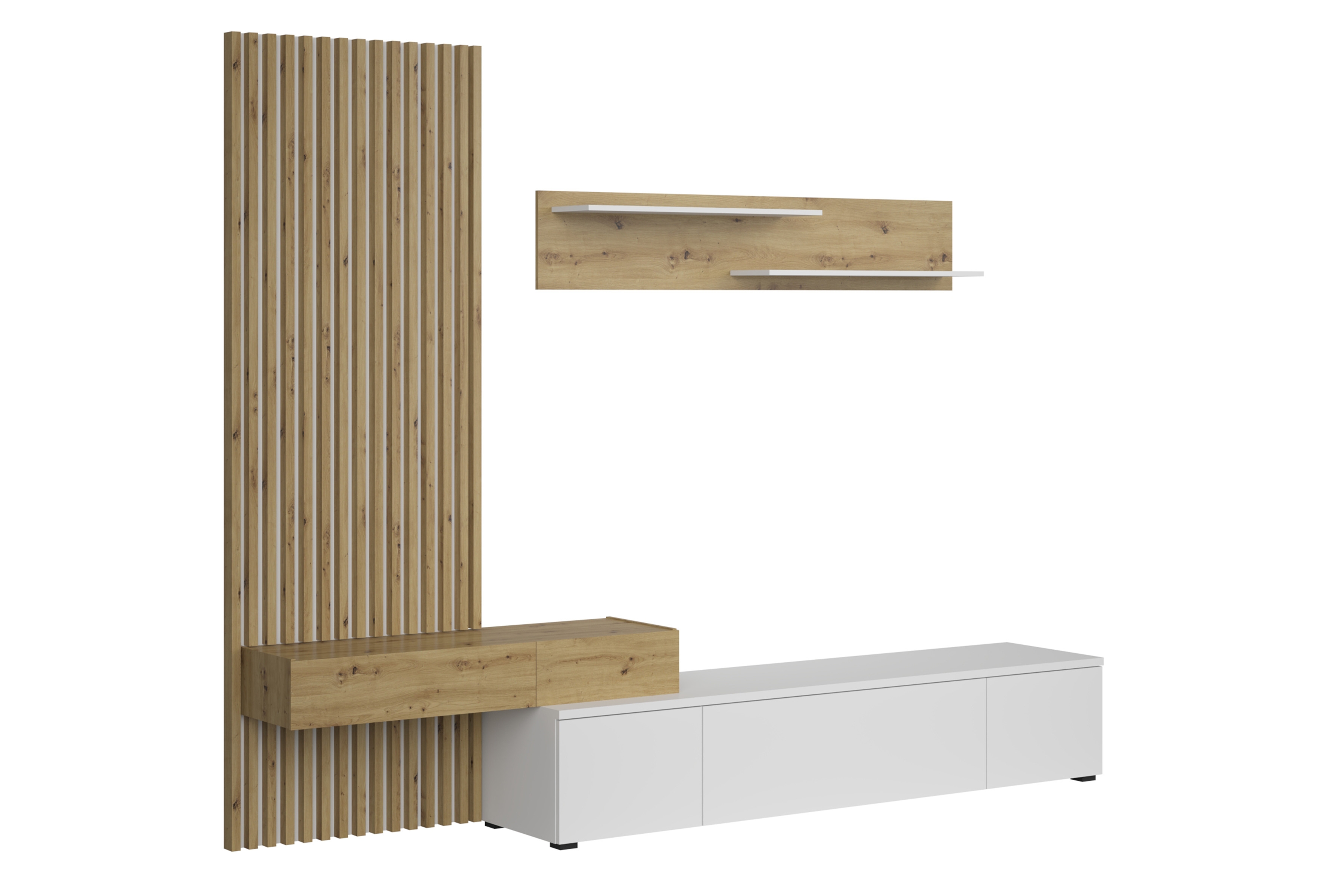 Obývacia stena Lucimo 250 cm s lamelami - biela / dub artisan Obývacia stena z lamelami Lucimo 250 cm - Biely / Dub artisan