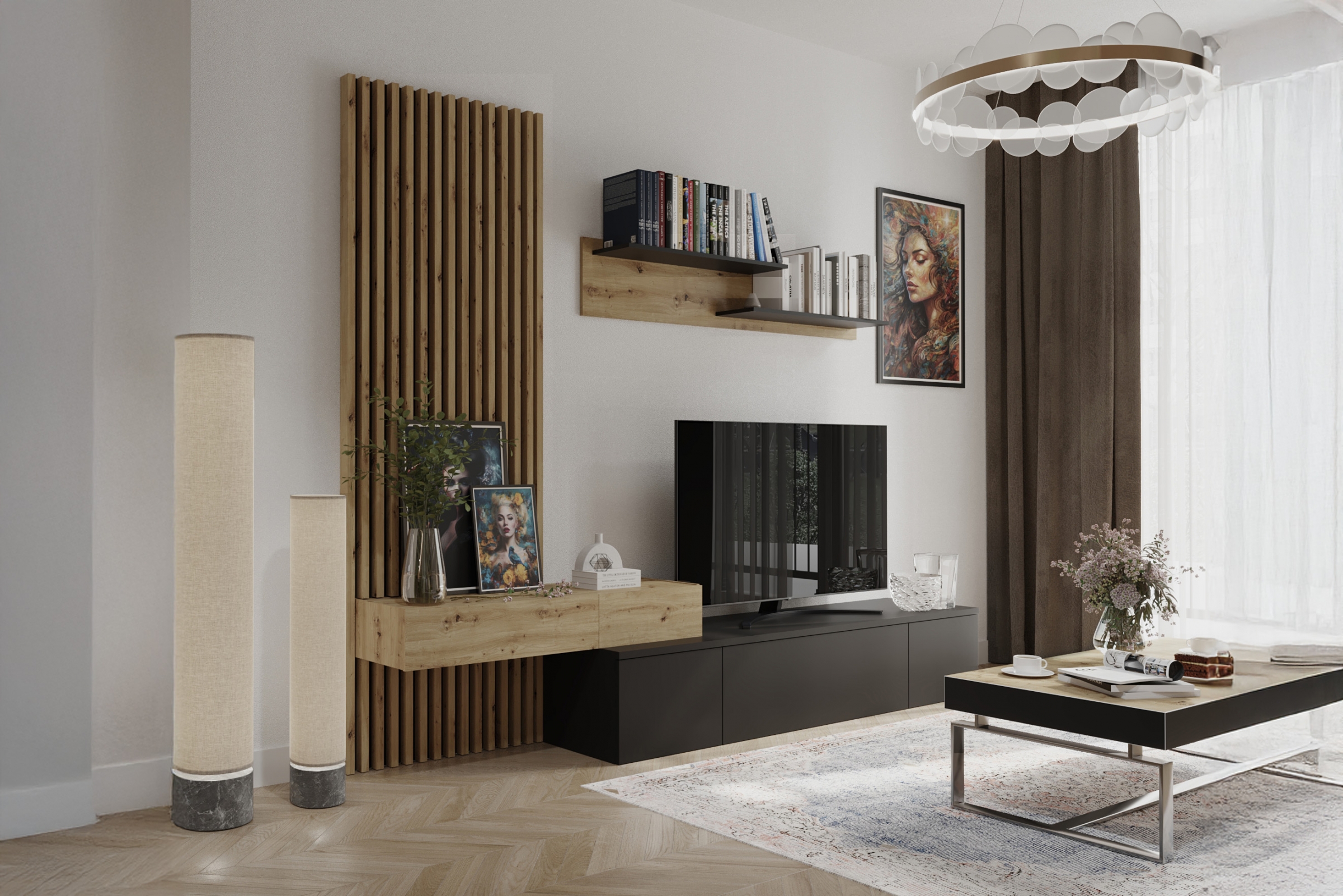 Obývacia stena Lucimo 250 cm s lamelami – čierna / dub artisan Obývacia stena z lamelami Lucimo 250 cm - Čierny / Dub artisan