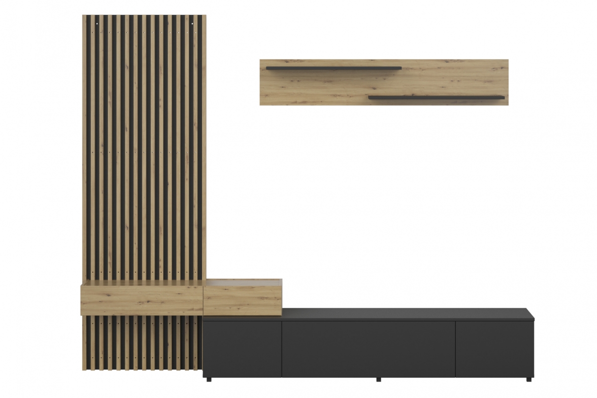 Obývacia stena Lucimo 250 cm s lamelami – čierna / dub artisan Obývacia stena z lamelami Lucimo 250 cm - Čierny / Dub artisan