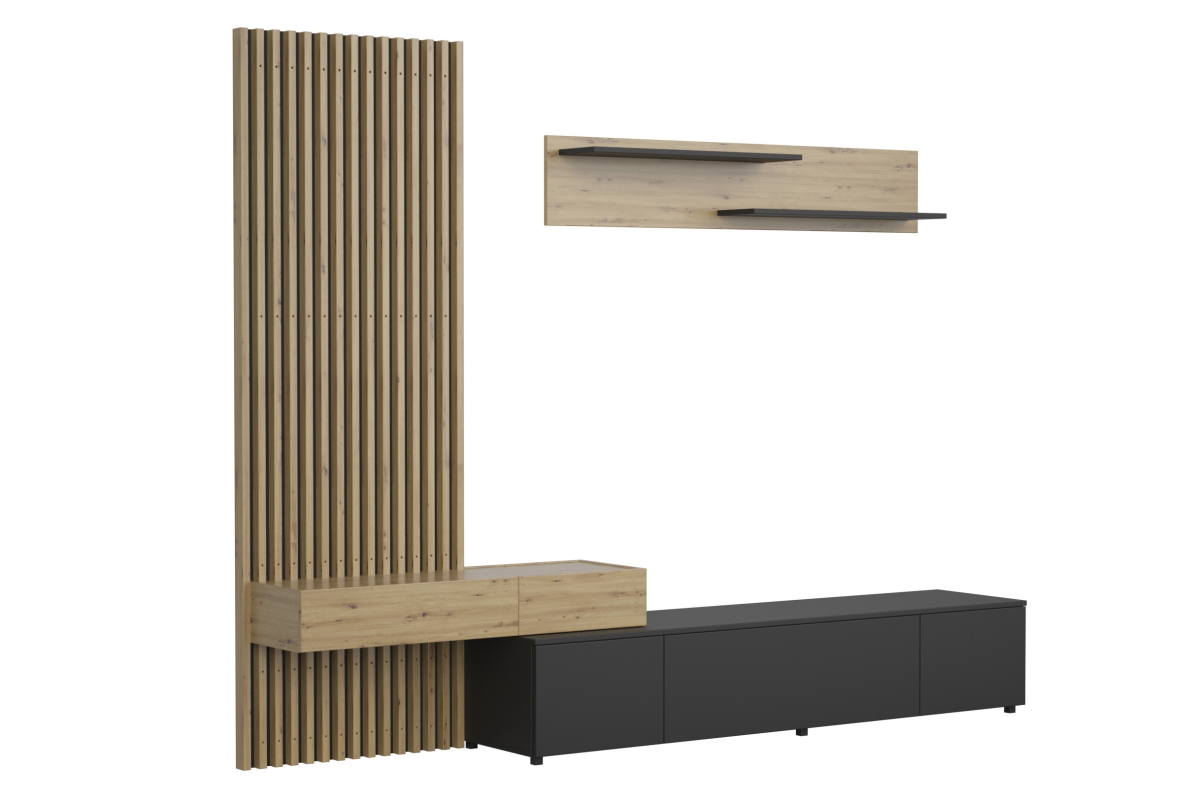 Obývacia stena Lucimo 250 cm s lamelami – čierna / dub artisan Obývacia stena z lamelami Lucimo 250 cm - Čierny / Dub artisan