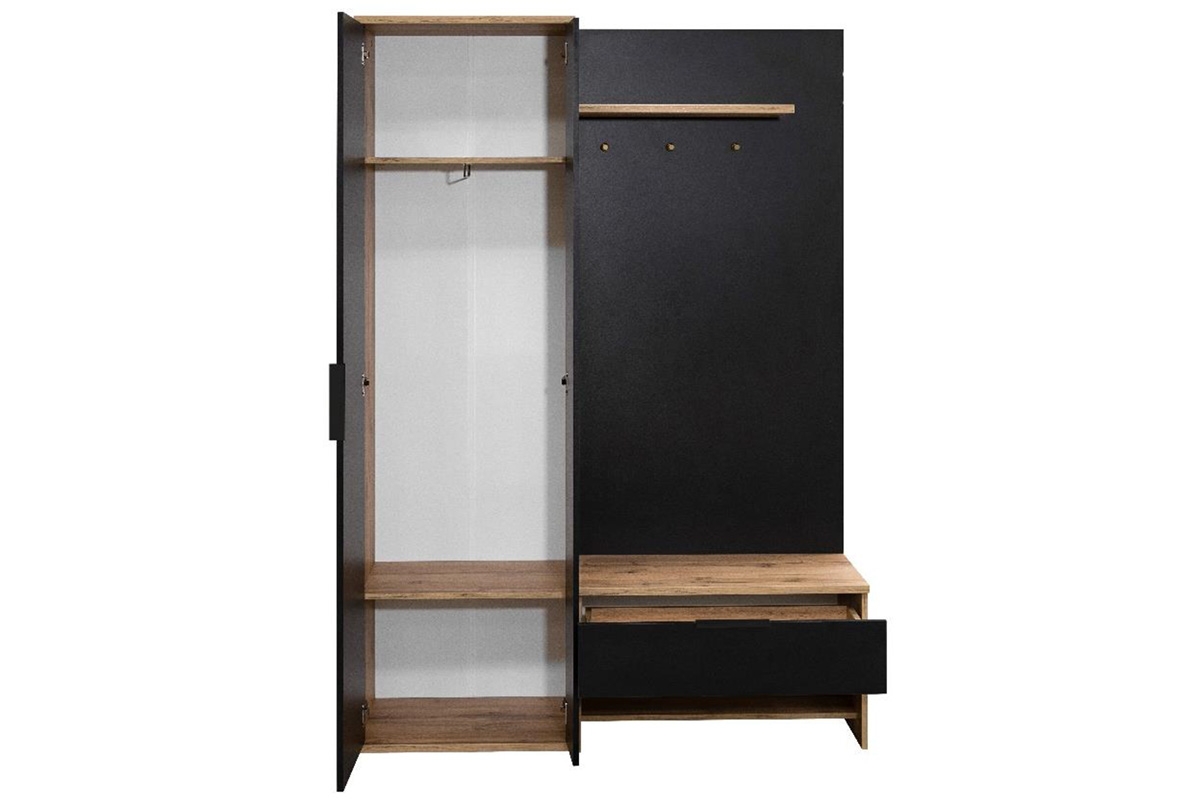 Předsíňová skříň se sedákem a zrcadlem 140 cm - černá / dub wotan šatní skříň do předsíně se sedákem i zrcadlem 140 cm - Černý / Dub wotan