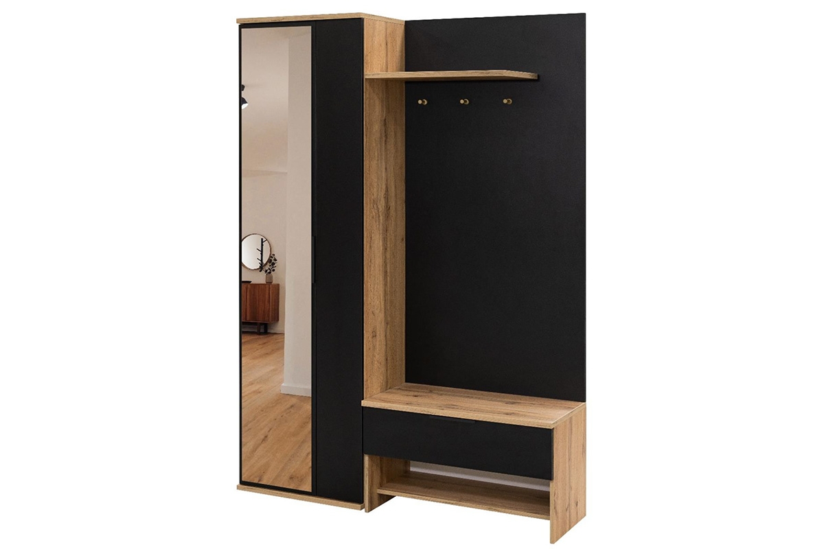 Předsíňová skříň se sedákem a zrcadlem 140 cm - černá / dub wotan šatní skříň do předsíně se sedákem i zrcadlem 140 cm - Černý / Dub wotan