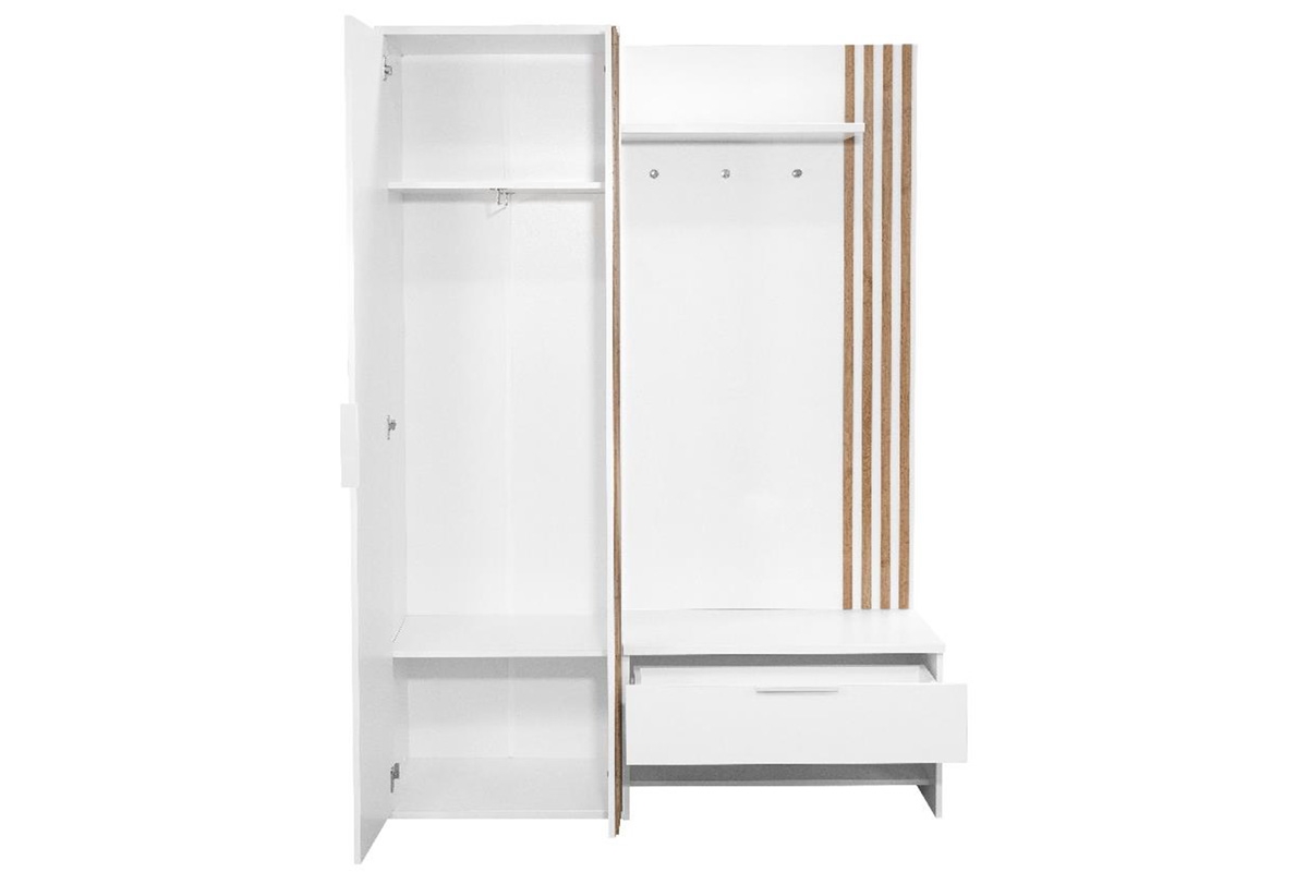 Předsíňová skříň s lamelami, sedákem a zrcadlem 140 cm - bílá / dub wotan šatní skříň do předsíně z lamelami se sedákem i zrcadlem 140 cm - Bílý / Dub wotan