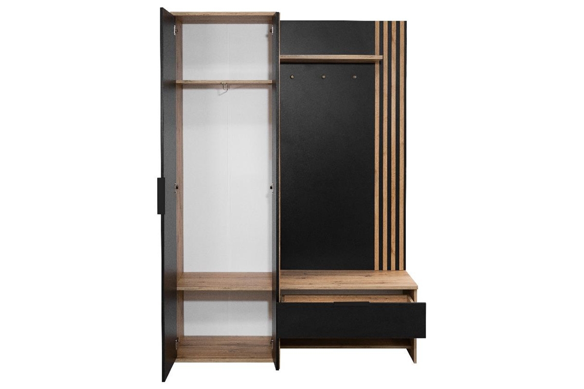 Předsíňová skříň s lamelami, sedákem a zrcadlem 140 cm - černá / dub wotan šatní skříň do předsíně z lamelami se sedákem i zrcadlem 140 cm - Černý / Dub wotan