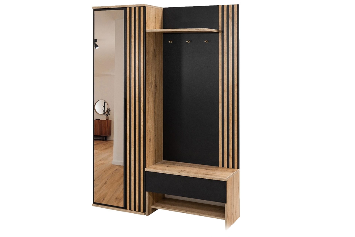 Předsíňová skříň s lamelami, sedákem a zrcadlem 140 cm - černá / dub wotan šatní skříň do předsíně z lamelami se sedákem i zrcadlem 140 cm - Černý / Dub wotan