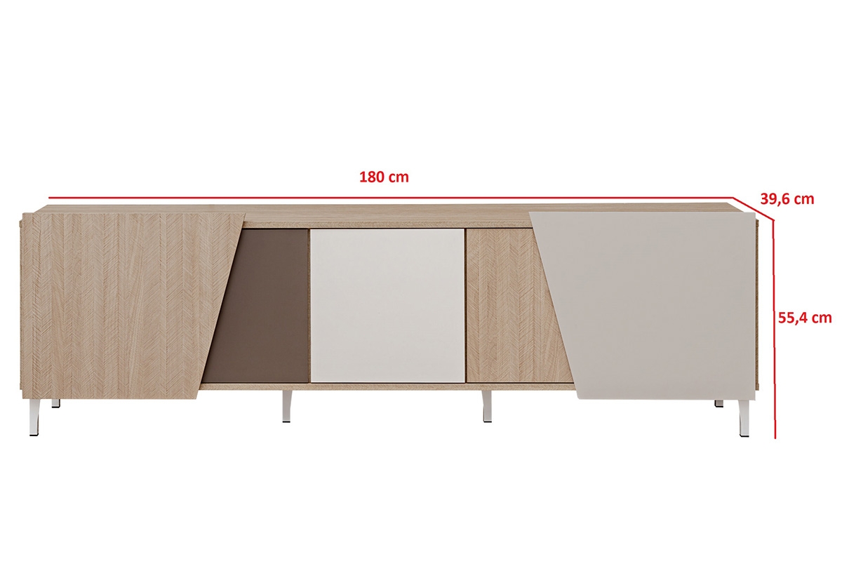 TV stolek Miraza 180 cm - skandinávská rybina / béžová / bílá / hnědá Skříňka RTV z geometrycznymi drzwiami Miraza 180 cm - jodelka skandi / Béžová / Bílý / Hnědá - Rozměry