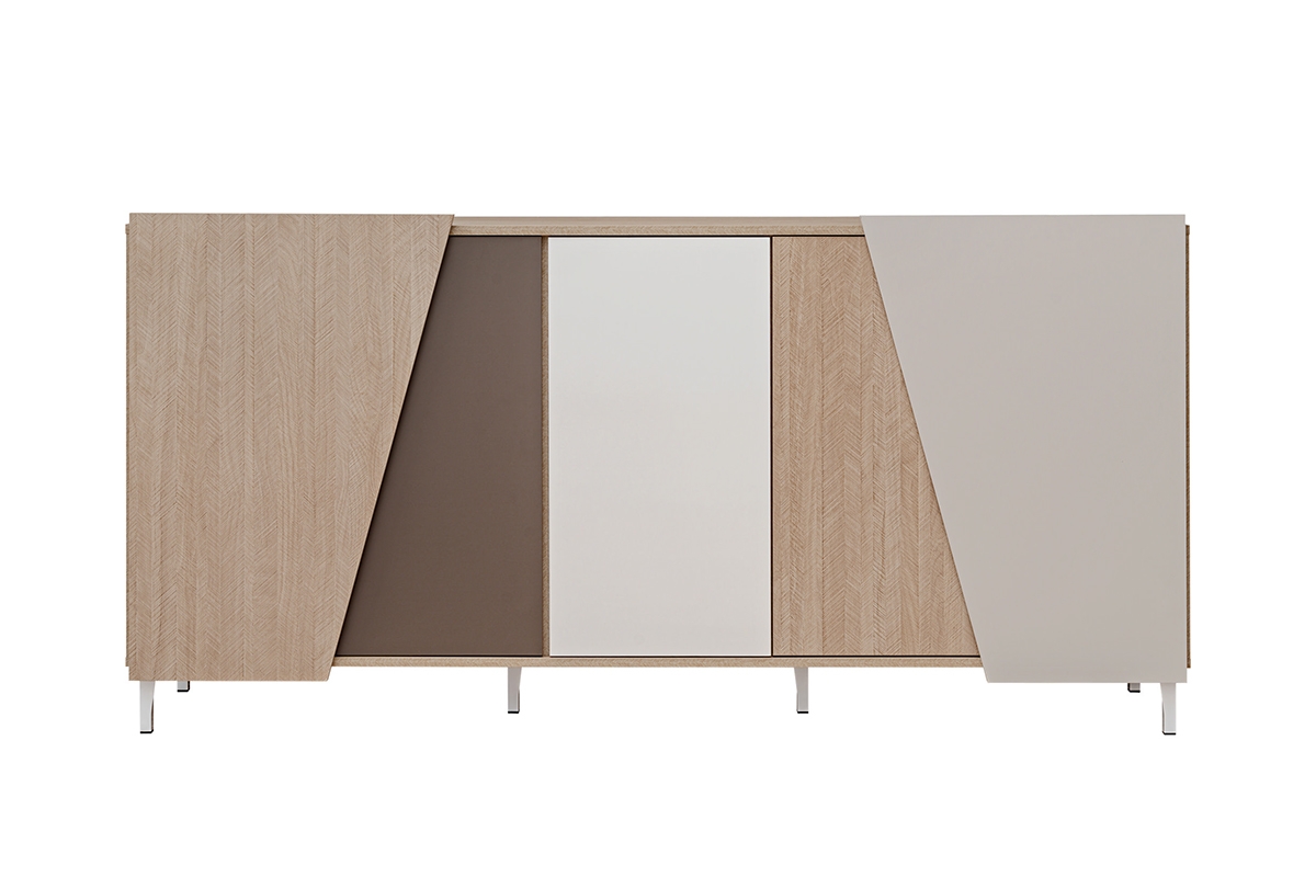 Komoda Miraza 180 cm geometrická - škandinávska rybia kosť / béžová / biela / hnedá Komoda z geometrycznymi drzwiami Miraza 180 cm - jodelka skandi / Béžová / Biely / Hnedá