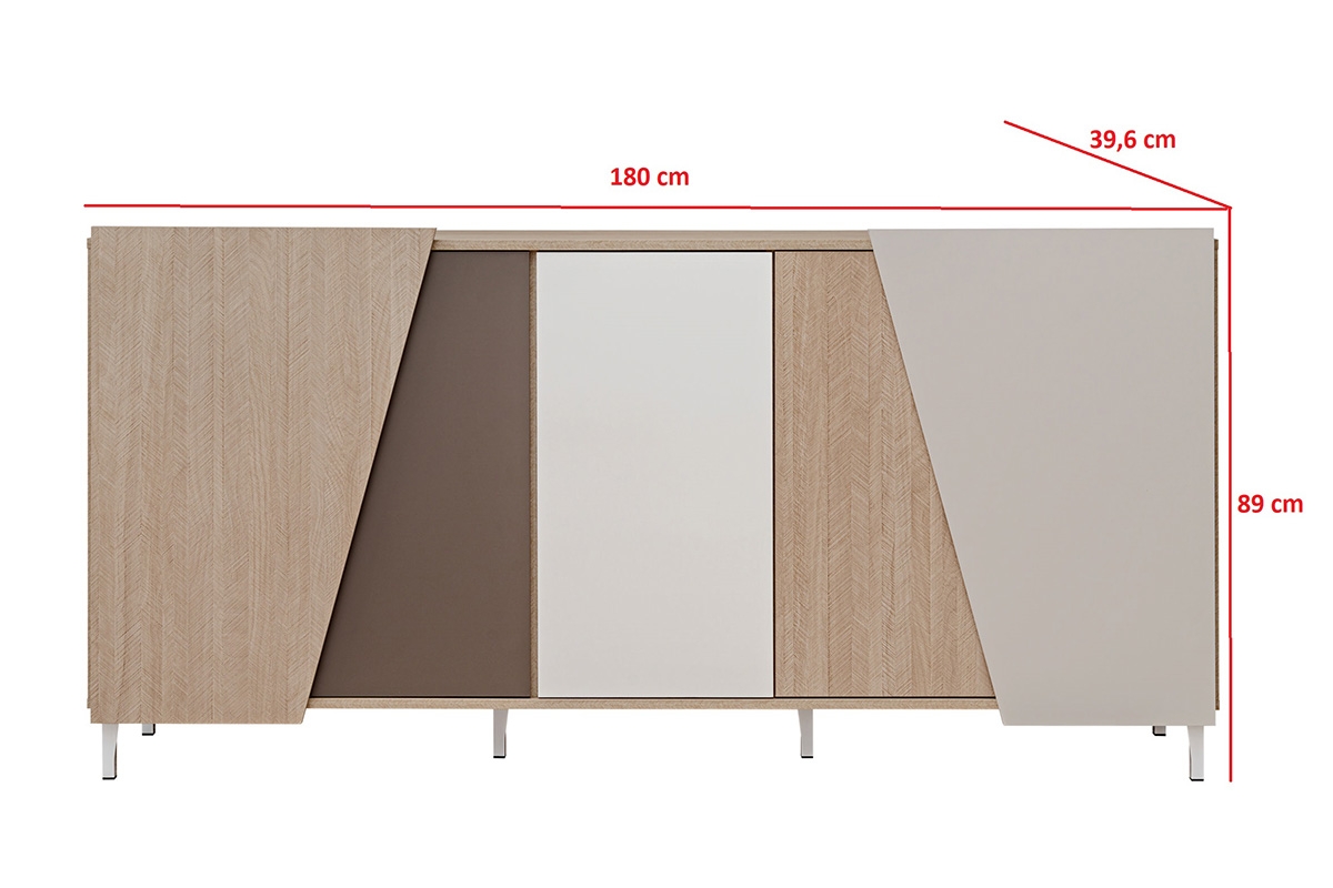 Komoda Miraza 180 cm geometrická - škandinávska rybia kosť / béžová / biela / hnedá Komoda z geometrycznymi drzwiami Miraza 180 cm - jodelka skandi / Béžová / Biely / Hnedá - Rozmery