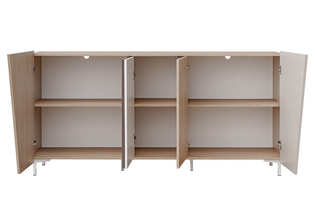 Komoda Miraza 180 cm geometrická - škandinávska rybia kosť / béžová / biela / hnedá Komoda z geometrycznymi drzwiami Miraza 180 cm - jodelka skandi / Béžová / Biely / Hnedá - vnútro