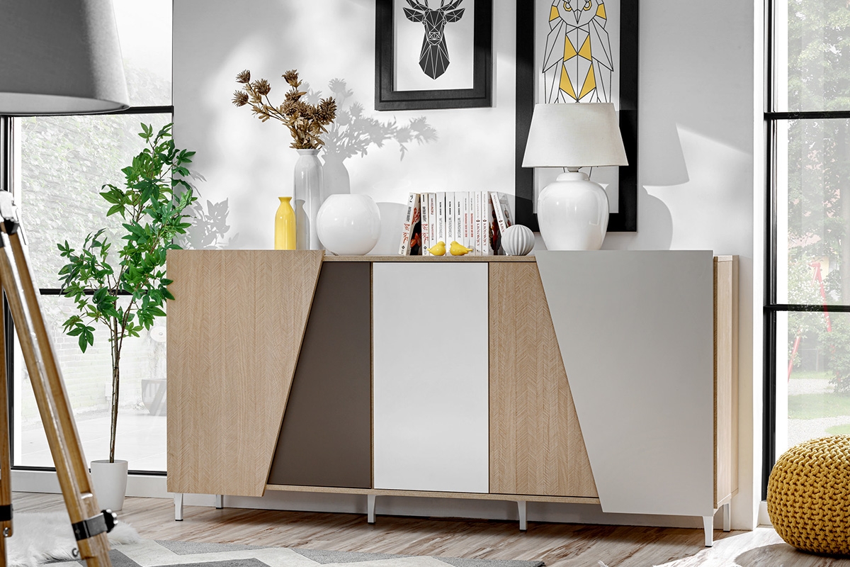 Komoda Miraza 180 cm geometrická - škandinávska rybia kosť / béžová / biela / hnedá Komoda z geometrycznymi drzwiami Miraza 180 cm - jodelka skandi / Béžová / Biely / Hnedá - vizualizácia