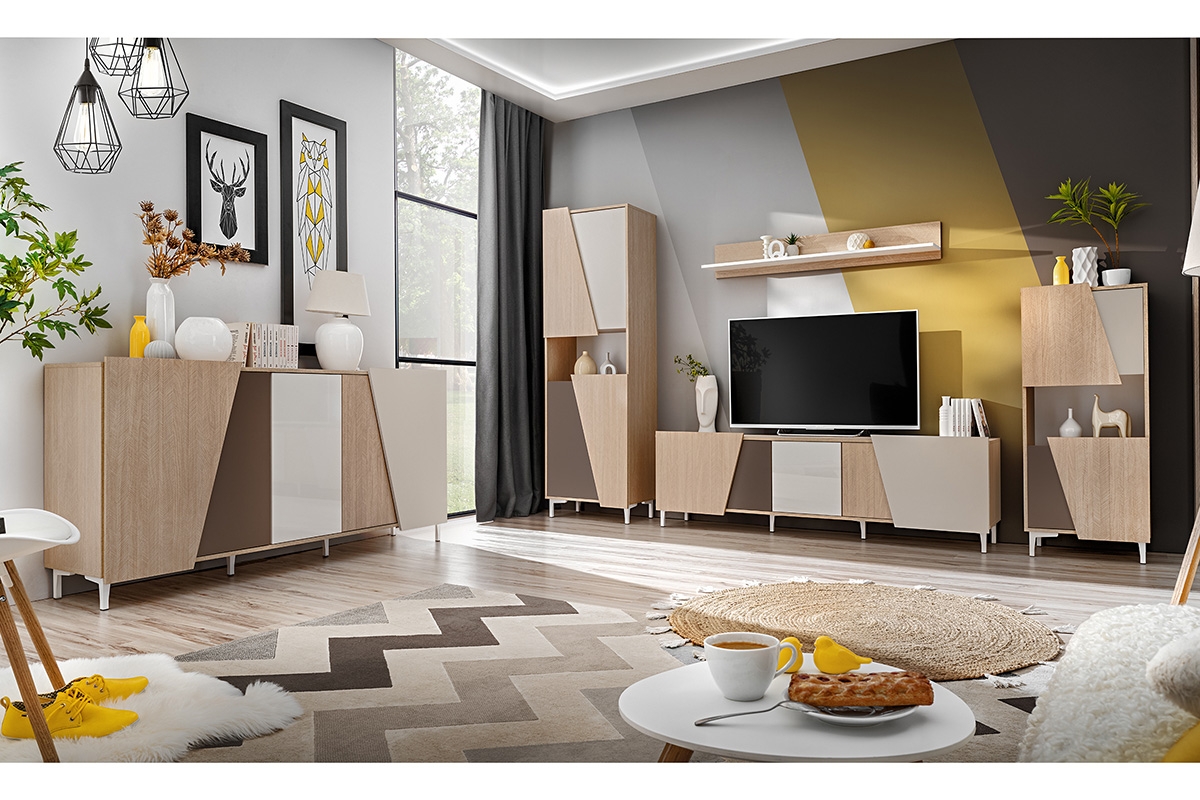 Komoda Miraza 180 cm geometrická - škandinávska rybia kosť / béžová / biela / hnedá Komoda z geometrycznymi drzwiami Miraza 180 cm - jodelka skandi / Béžová / Biely / Hnedá - Obývacia izba Miraza