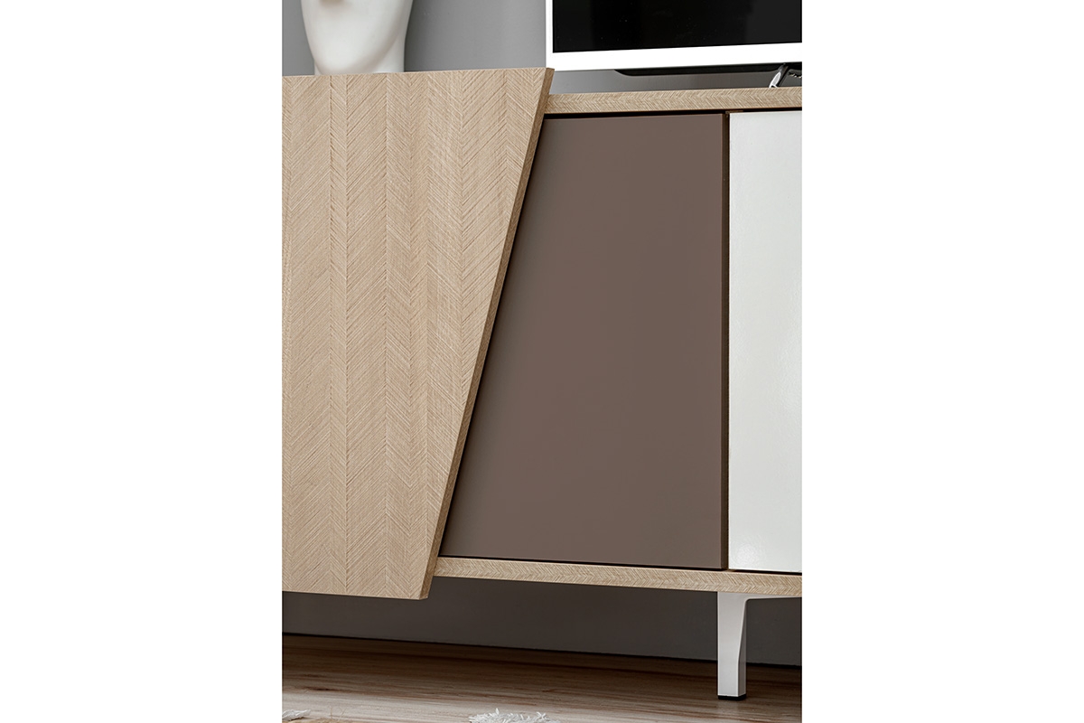 TV stolek Miraza 180 cm - skandinávská rybina / béžová / bílá / hnědá Skříňka RTV z geometrycznymi drzwiami Miraza 180 cm - jodelka skandi / Béžová / Bílý / Hnědá - detal