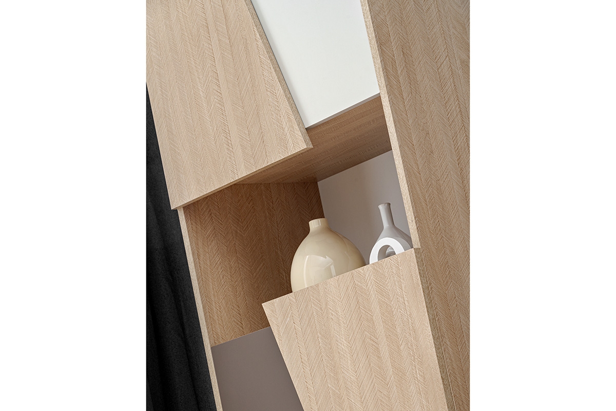 Regál Miraza 50 cm - skandinávská rybina / béžová / bílá / hnědá Regál niski z geometrycznymi drzwiami Miraza - jodelka skandi / Béžová / Bílý / Hnědá - detal